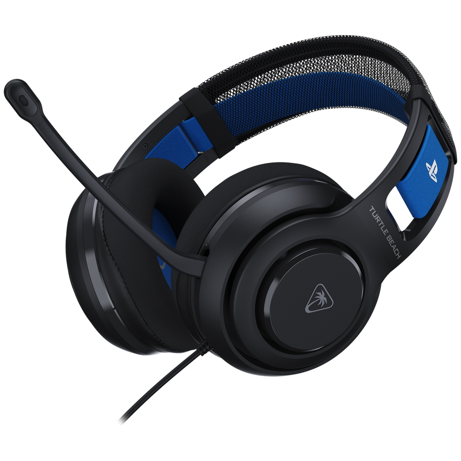 Zwarte en blauwe gamingheadset met een microfoon. De headset heeft een PlayStation-logo. Turtle Beach is zichtbaar.