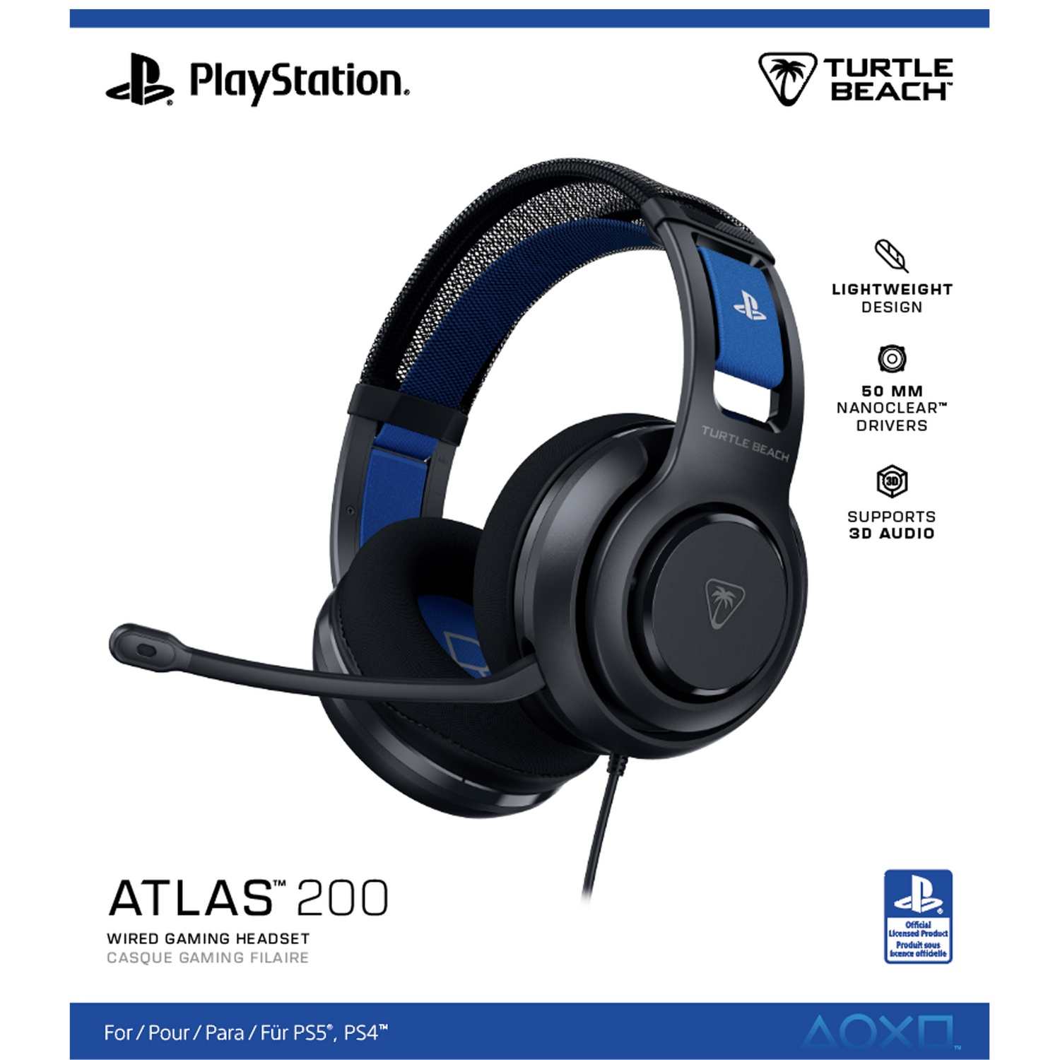 Zwarte en blauwe Turtle Beach Atlas 200 gamingheadset. Voorzien van een microfoon, PlayStation-logo en 3D audio ondersteuning.