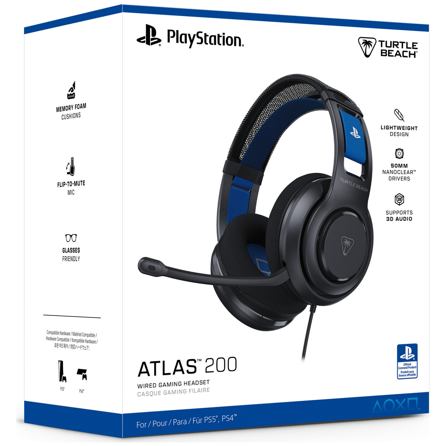 Zwarte en blauwe gamingheadset op een doos. Kenmerken zijn traagschuim, mute microfoon en brilvriendelijk.