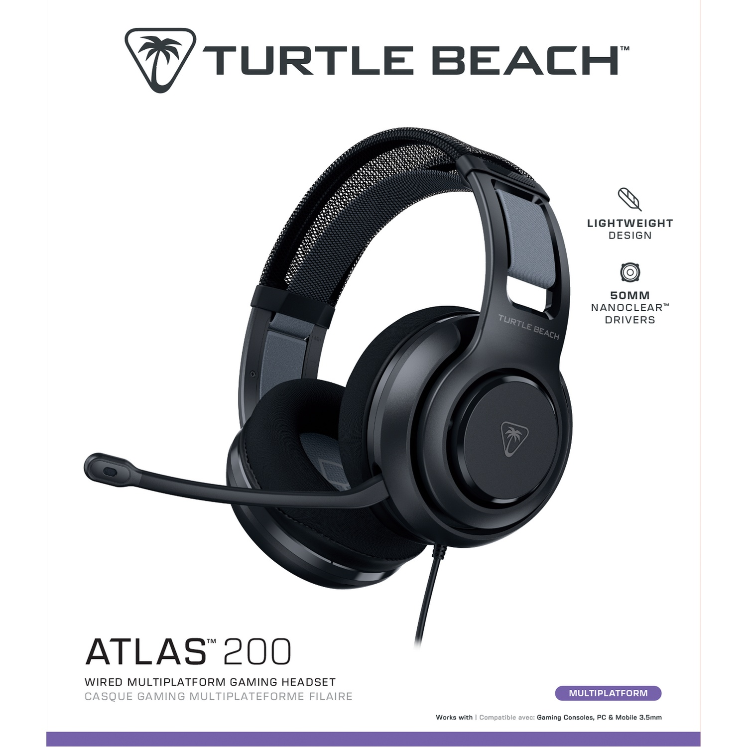 Black Turtle Beach Atlas 200 gaming headset with a microphone. Text on the image: Atlas 200, lightweight design, and 50mm drivers.