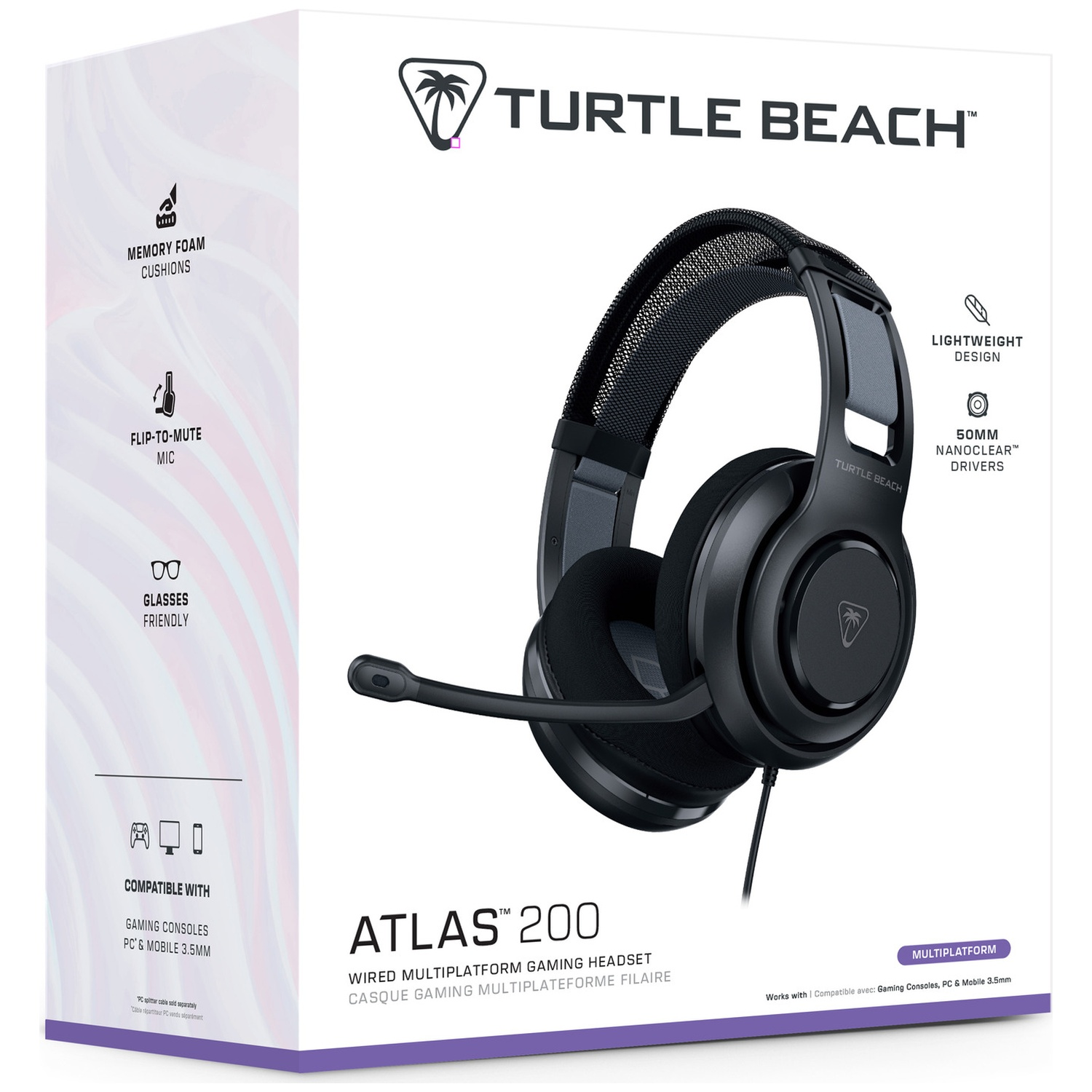 Black gaming headset on a white box. Features include memory foam cushions, flip-to-mute mic, and glasses-friendly design.