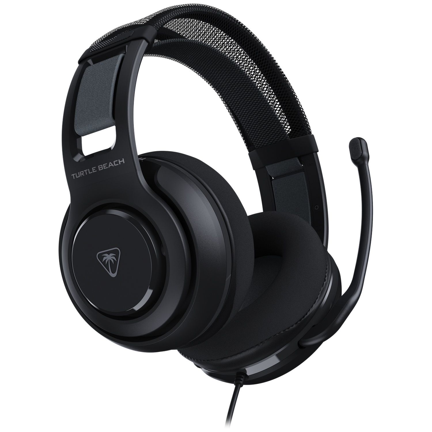 Black Turtle Beach headset. It has a microphone, ear cups, and a headband. The headset is on a white background.