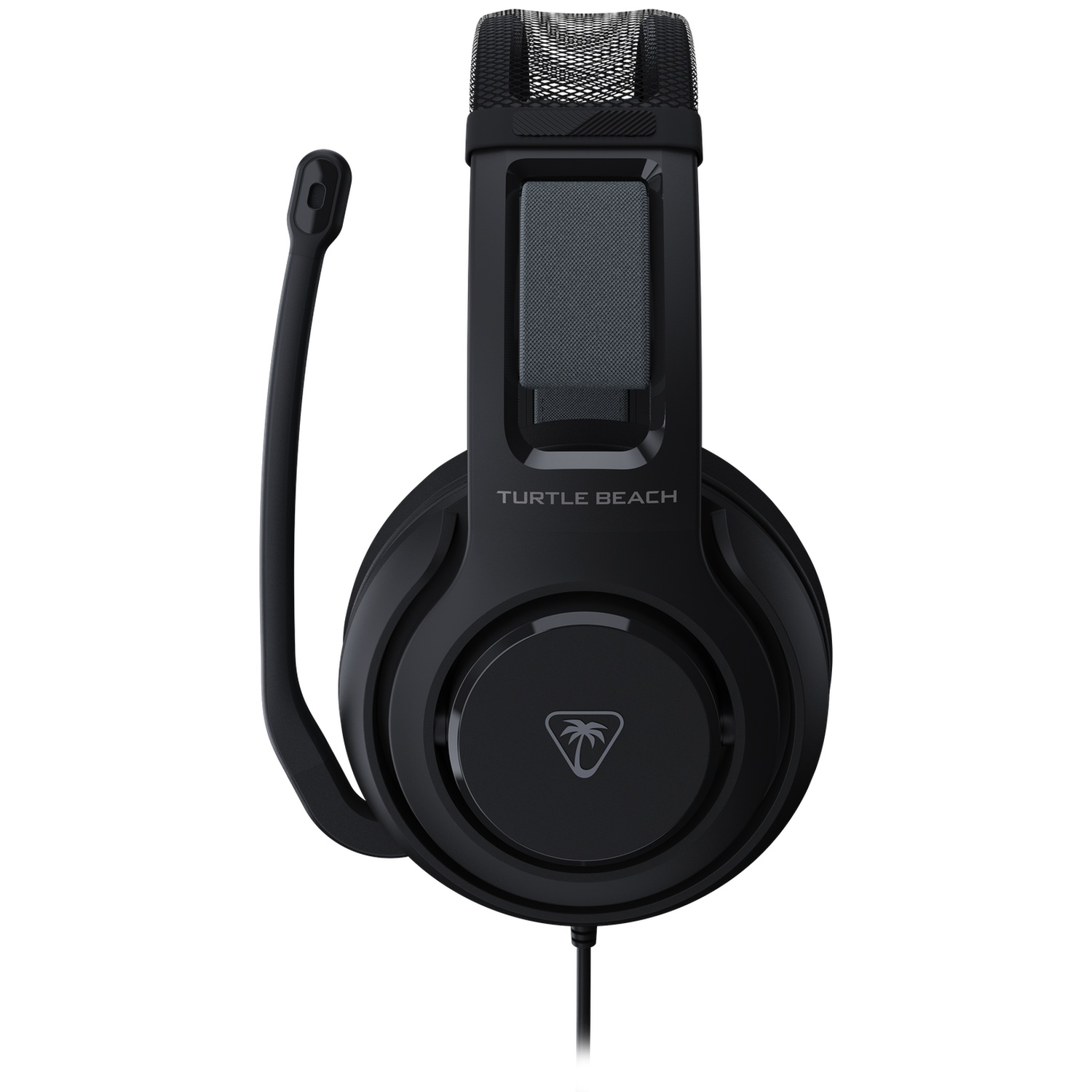 Black Turtle Beach gaming headset with a microphone. The headset has a cushioned headband and earcups, and a logo on the earcup.