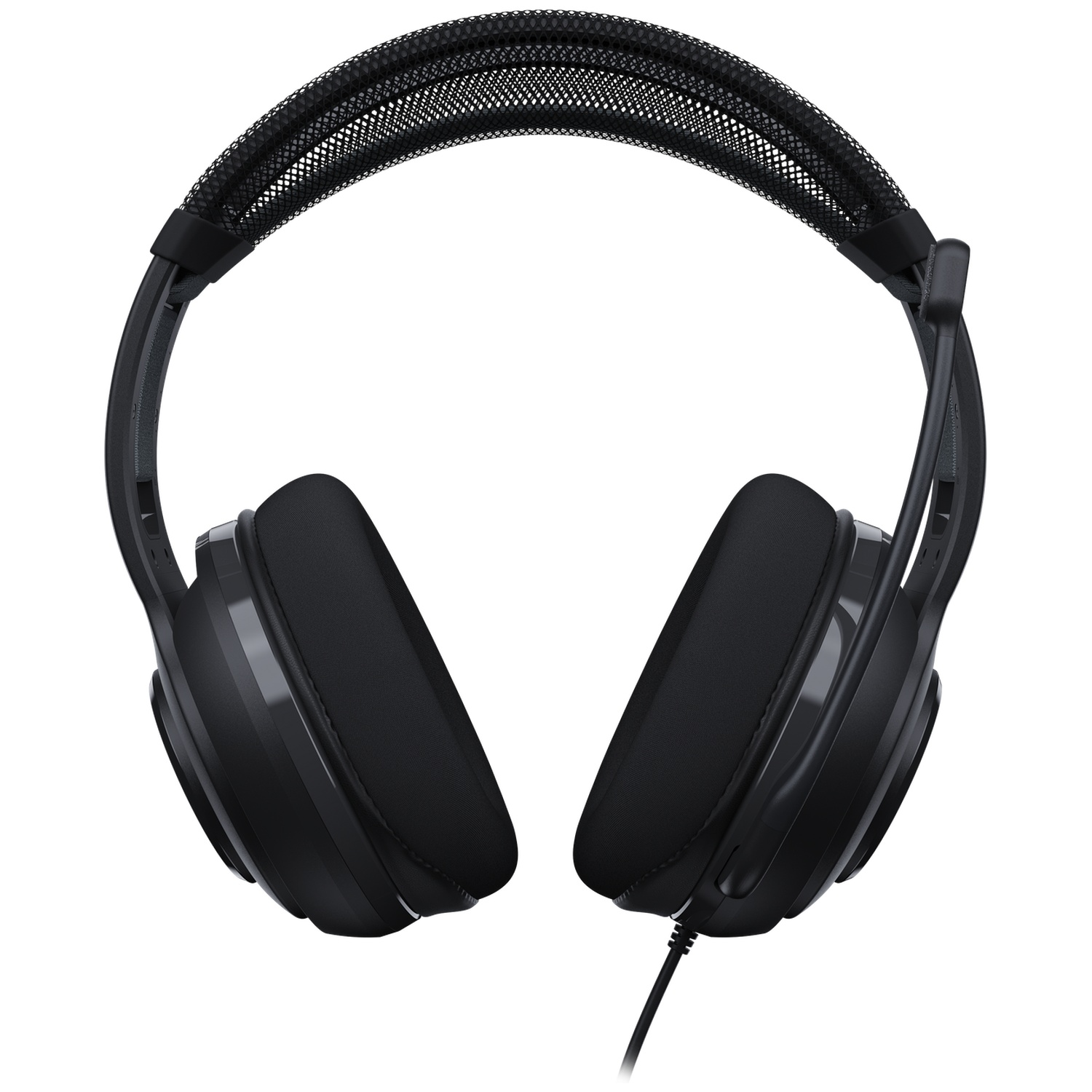 Black headphones with a mesh headband and cushioned earcups, on a white background. A black cable is visible.