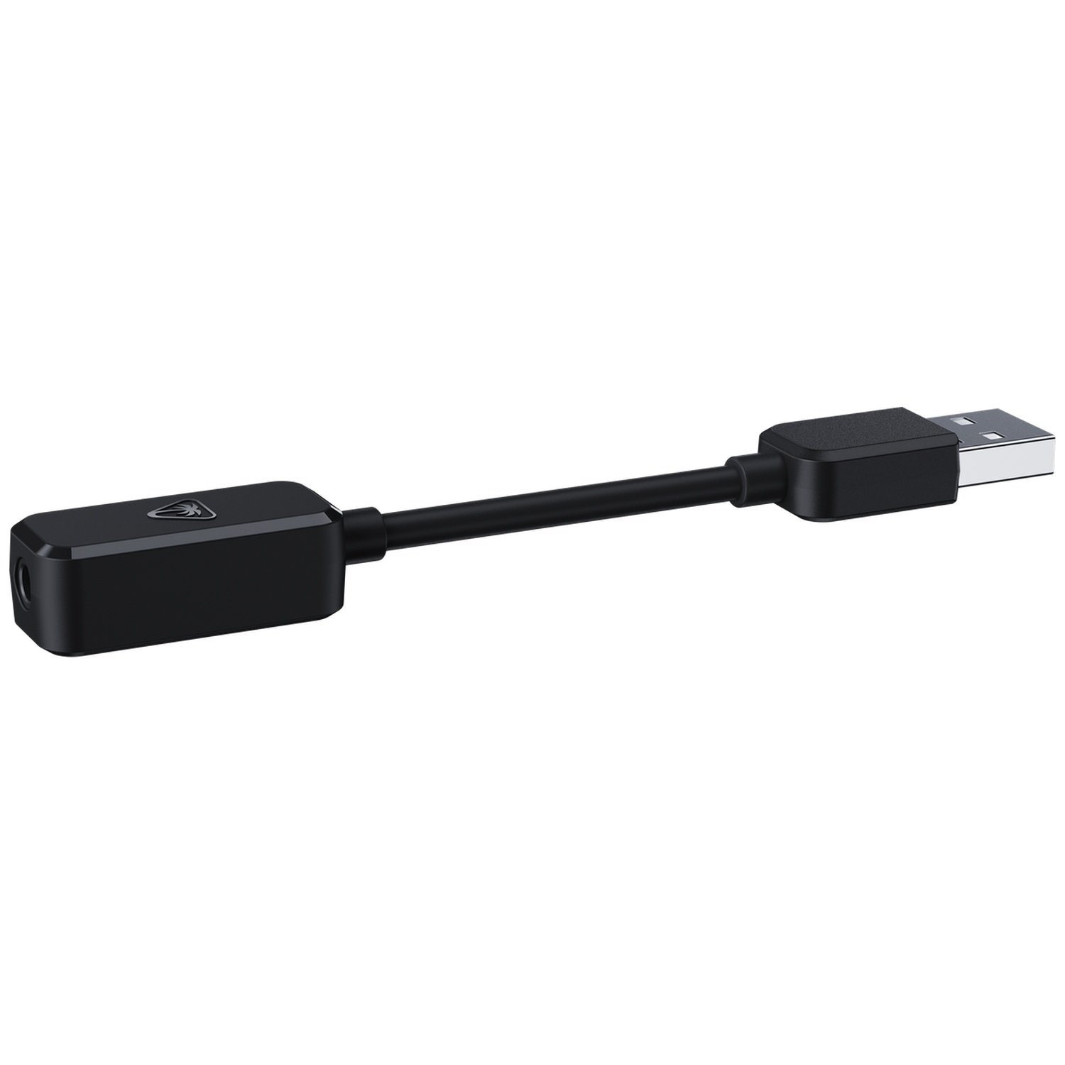 A black USB audio adapter. It has a USB connector on one end and a small rectangular box on the other. A black cable connects them.
