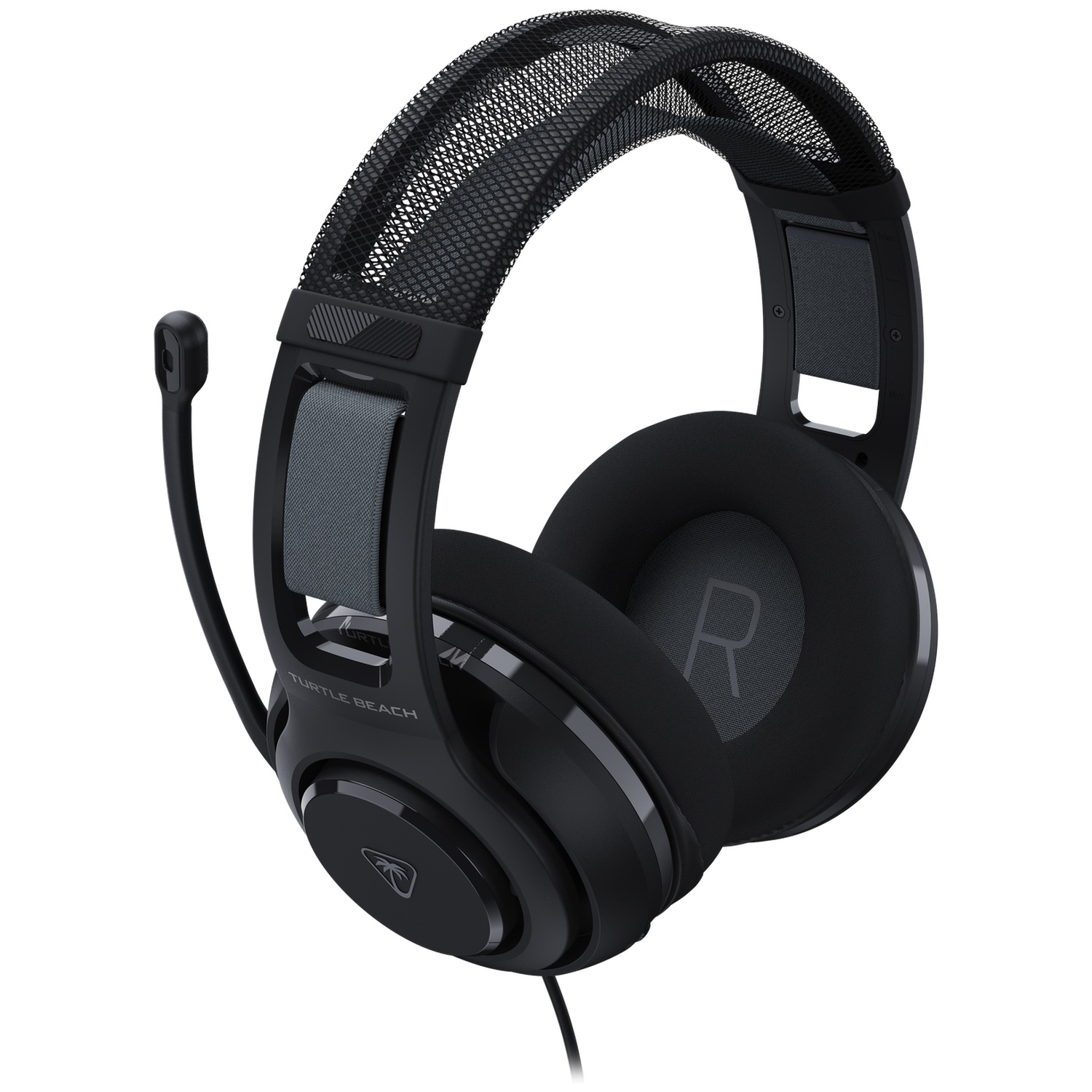 Black Turtle Beach gaming headset. Includes a microphone, earcups with an 'R', and a mesh headband. Isolated on white background.