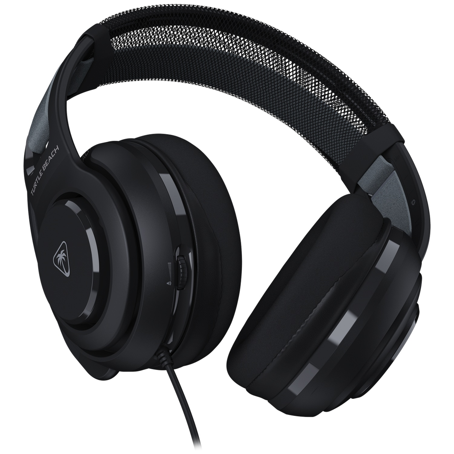 Black Turtle Beach gaming headset. It has a mesh headband, large earcups, and an inline volume control.