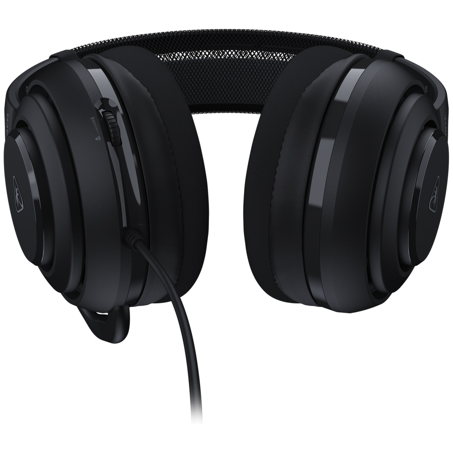 Black gaming headset with a wired connection. It has large earcups and a mesh headband. Volume control is visible on the left earcup.