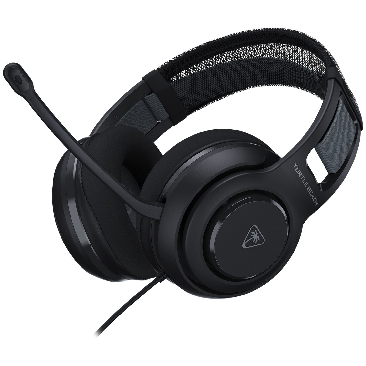 Black Turtle Beach gaming headset. Includes a microphone and a cable. The headset is on a white background.