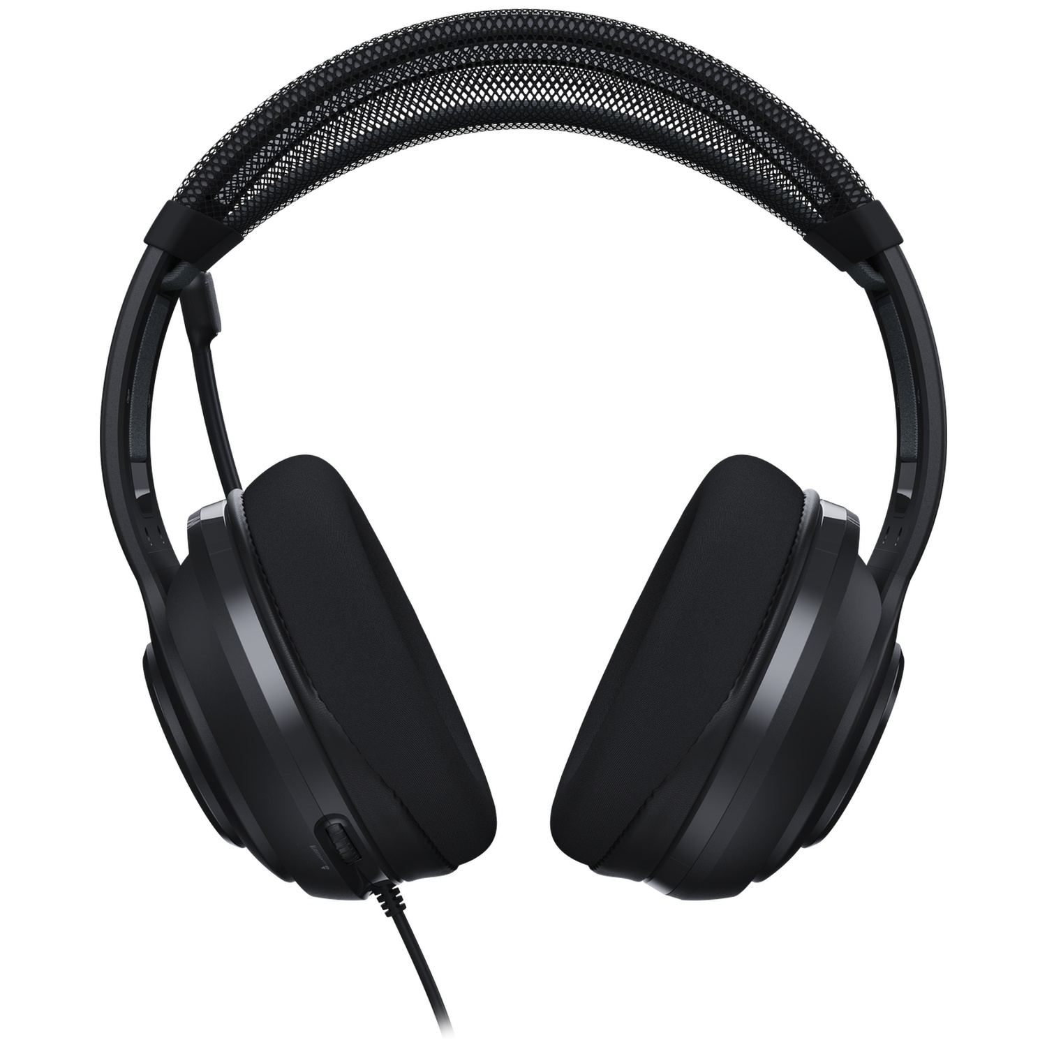 Black headphones with mesh headband and soft ear cups. A cable extends downwards. The background is white.