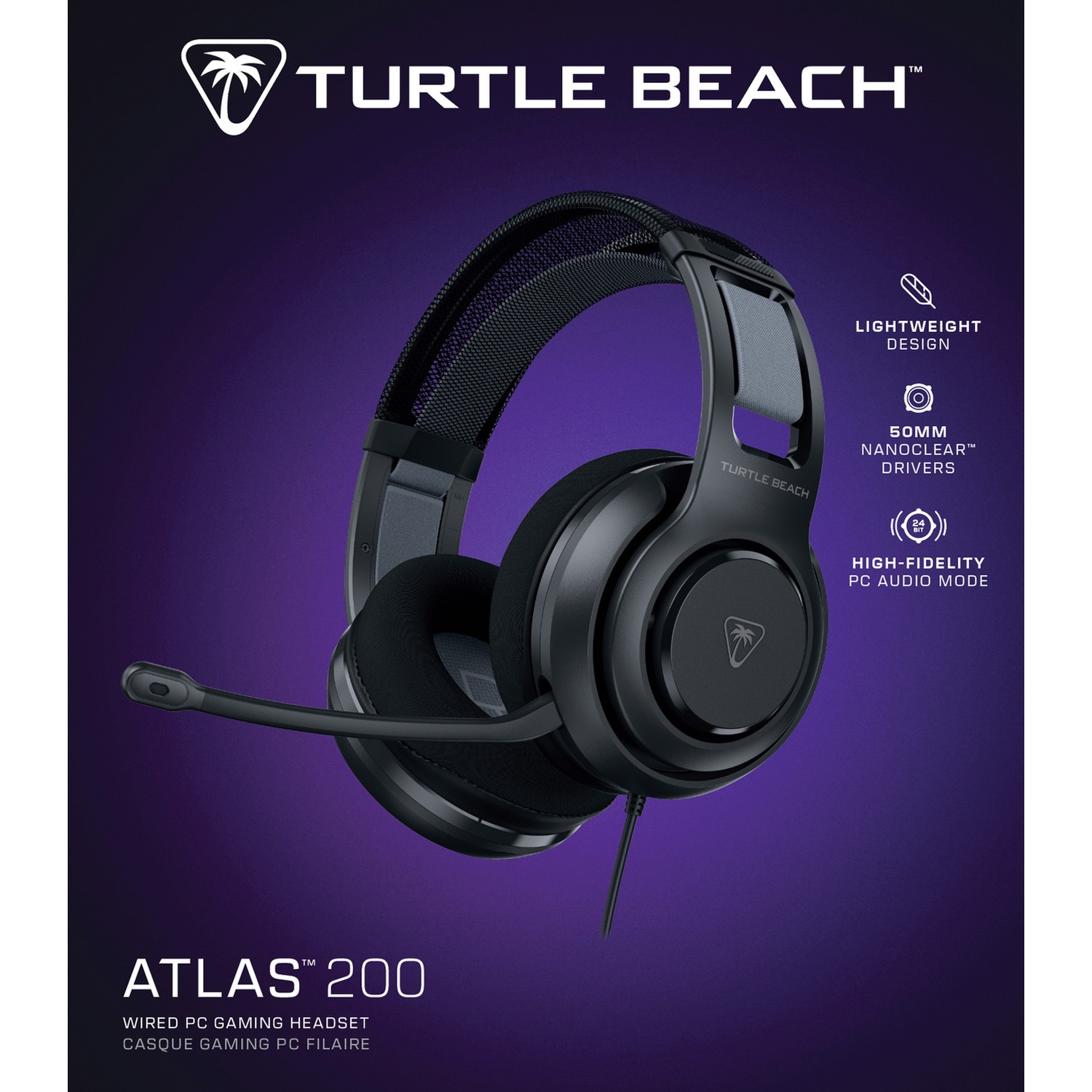 Black Turtle Beach Atlas 200 gaming headset. Features include a microphone, over-ear design, and product details on a purple background.