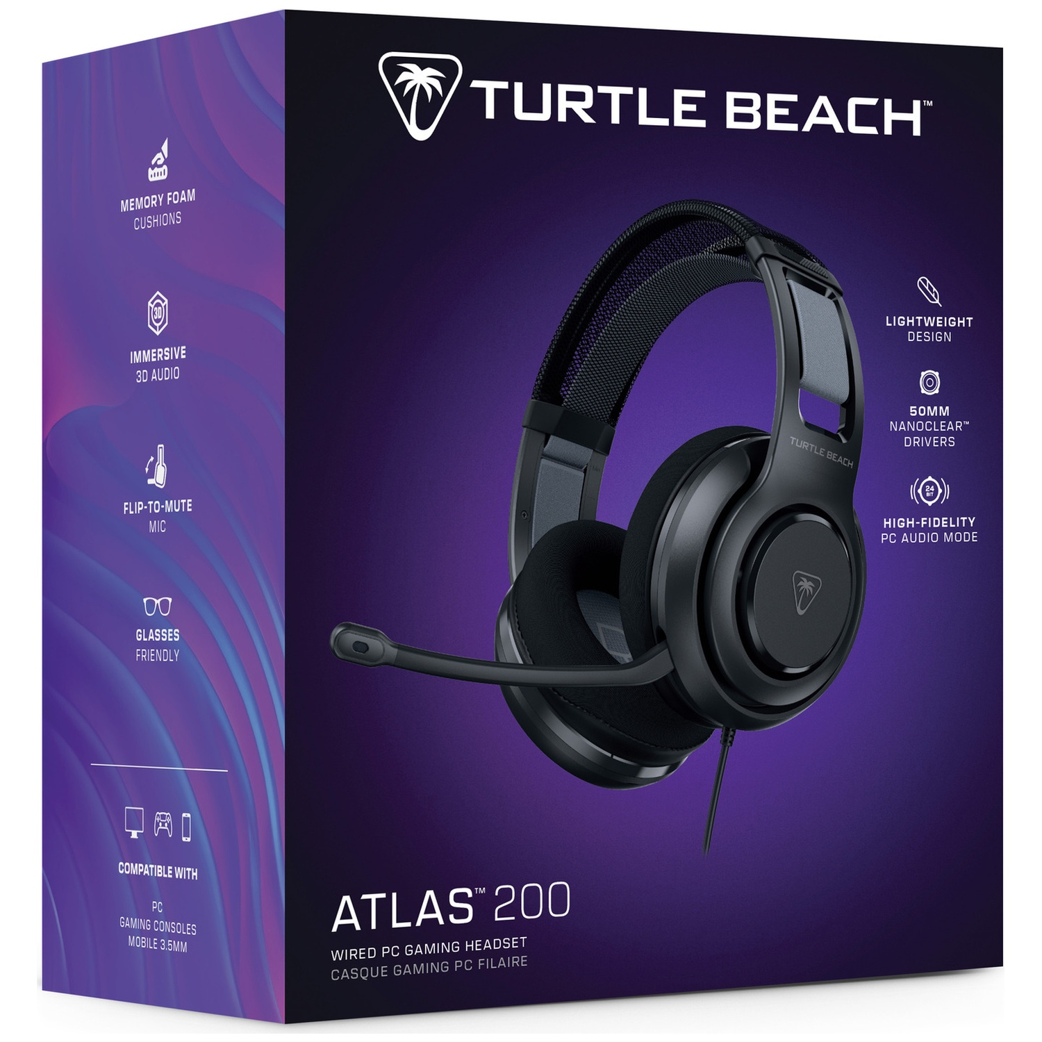 A black Turtle Beach Atlas 200 gaming headset on a box. Features include memory foam, 3D audio, and a flip-to-mute mic.