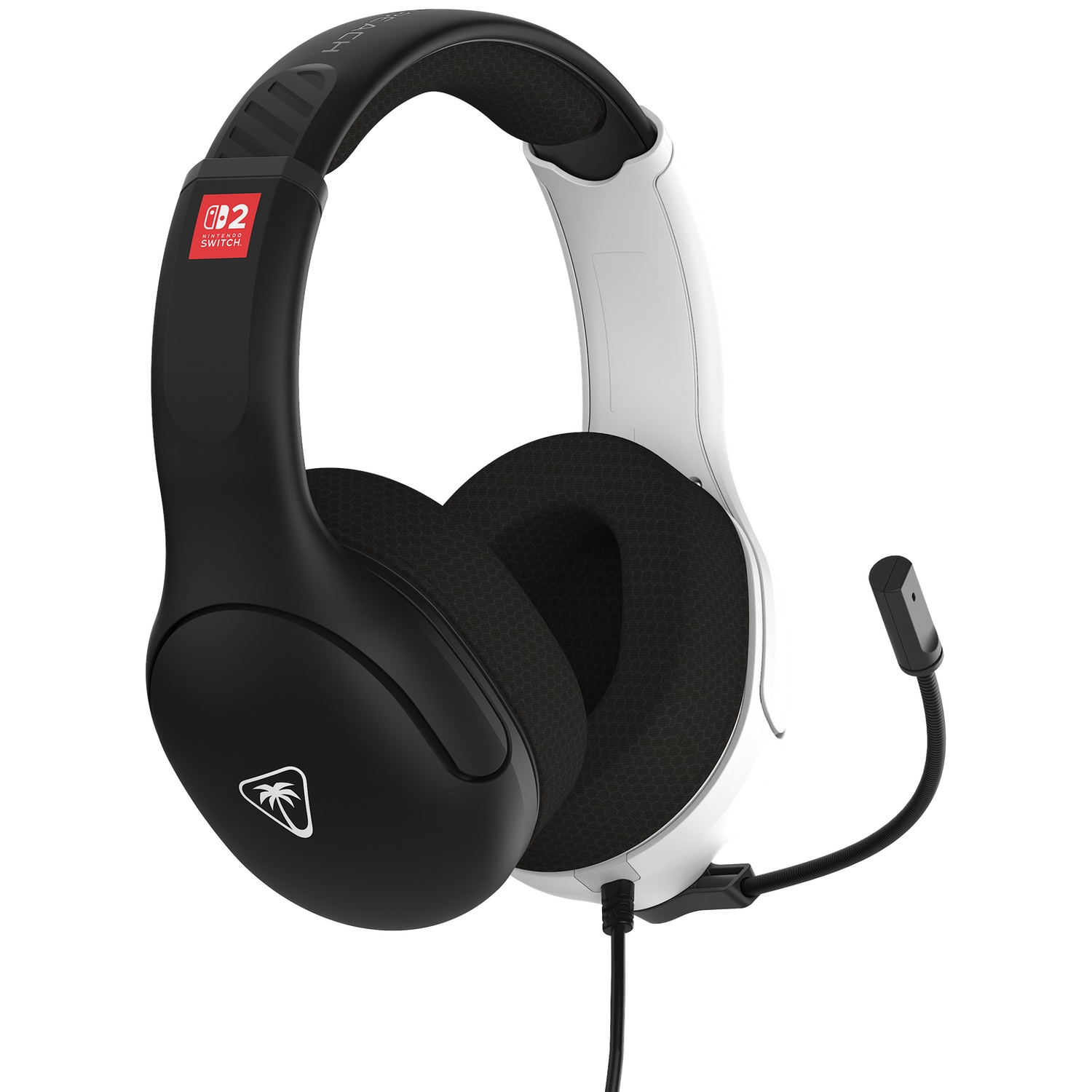 Black and white gaming headset with a Nintendo Switch logo. It has a microphone and a cable. The earcups are black, and the headband is black.