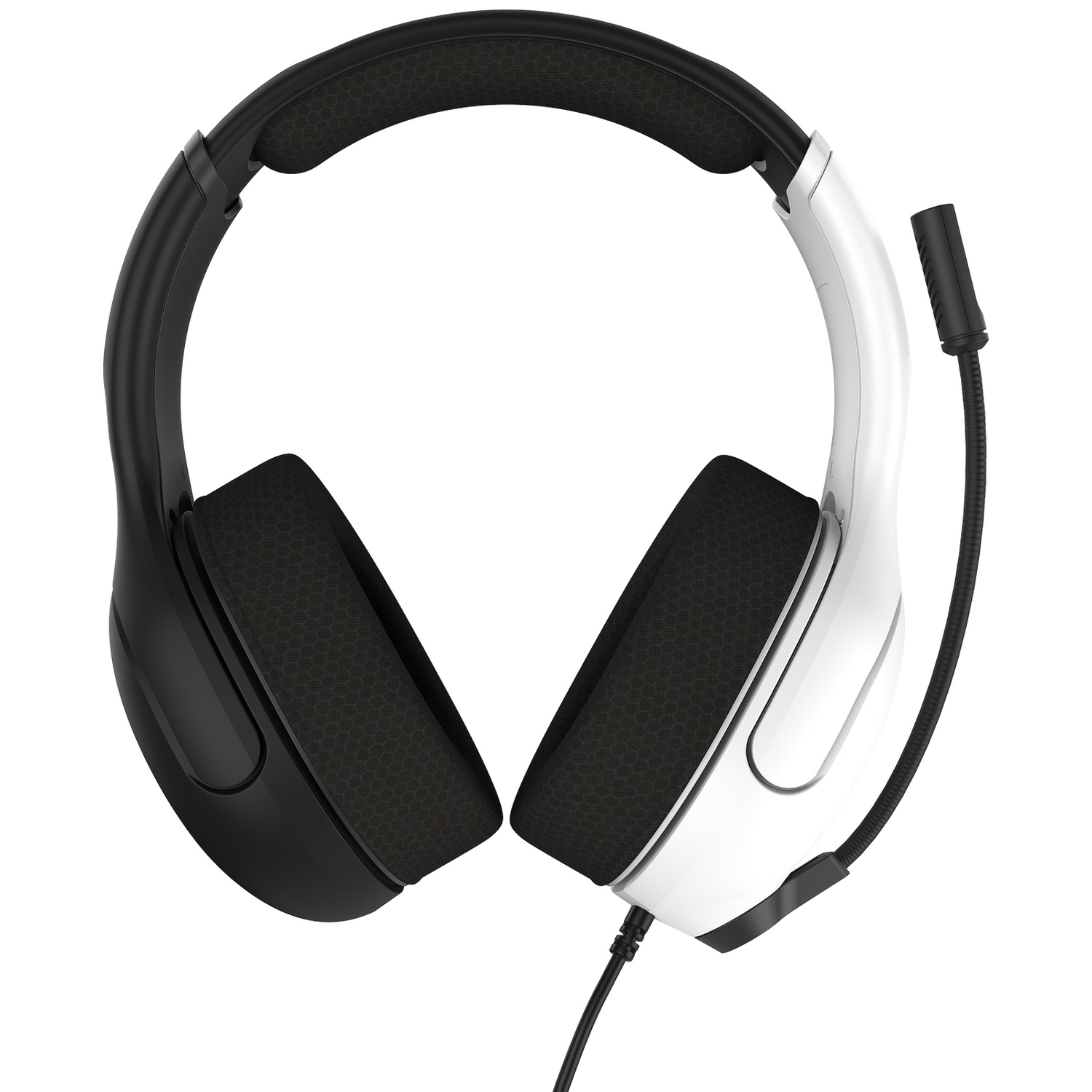 A white and black gaming headset. The headset has earcups, a headband, and a microphone. The earcups have black padding.