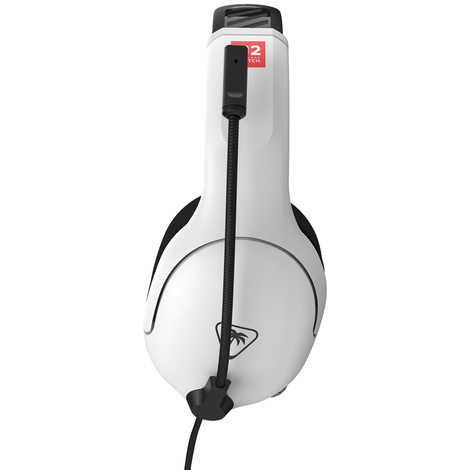 White gaming headset with black accents and a black microphone cable. The headset has a logo and a red and white sticker.
