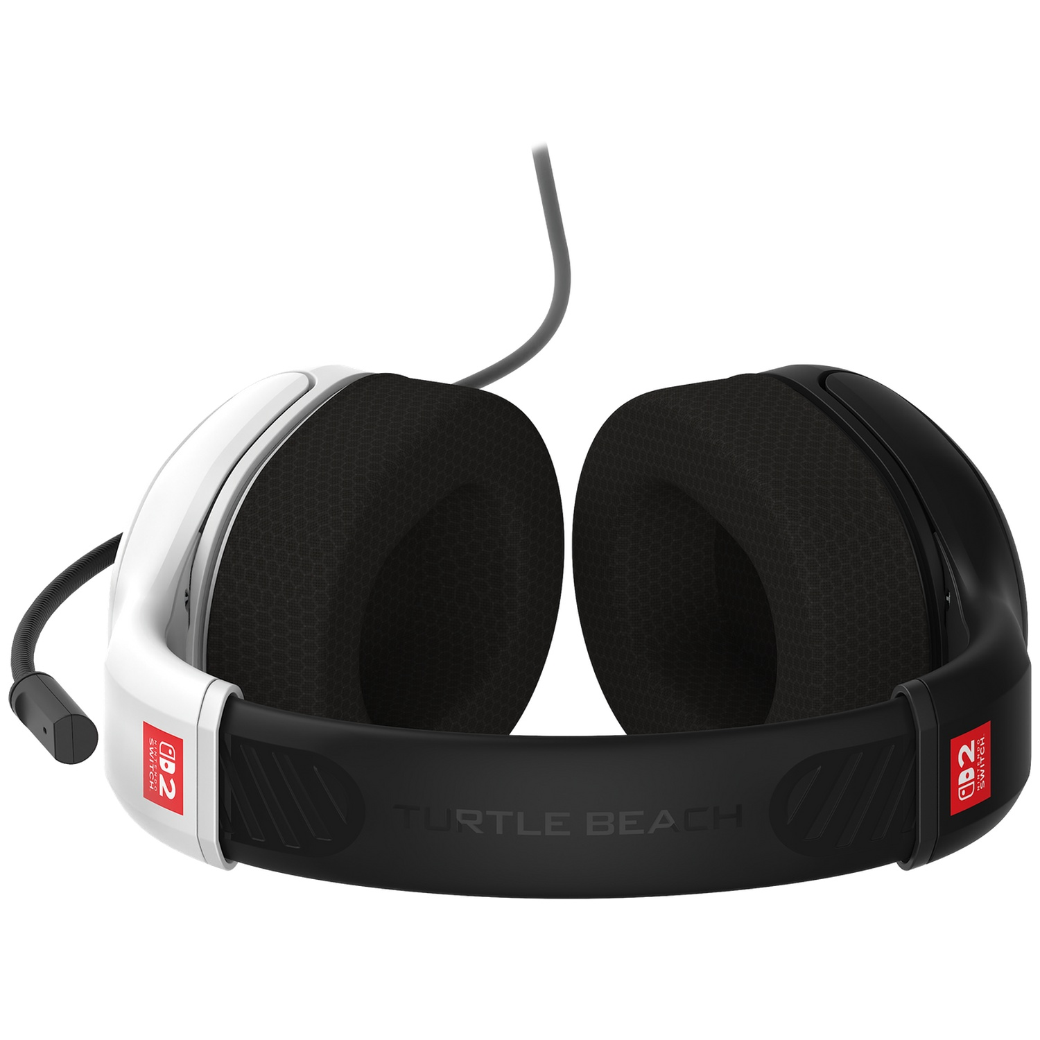 White and black gaming headset. It has a microphone and a cable. The brand is Turtle Beach and the product is for Switch.