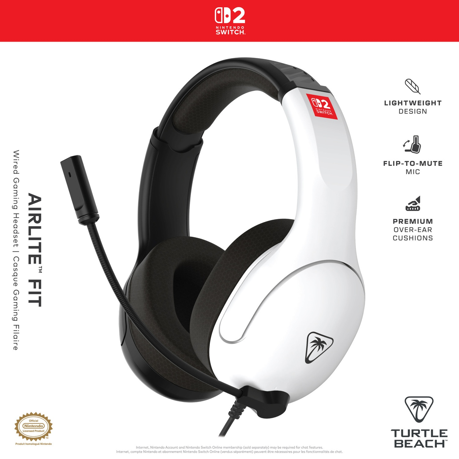 White and black gaming headset. Features include flip-to-mute mic, lightweight design, and premium over-ear cushions. Nintendo Switch logo.