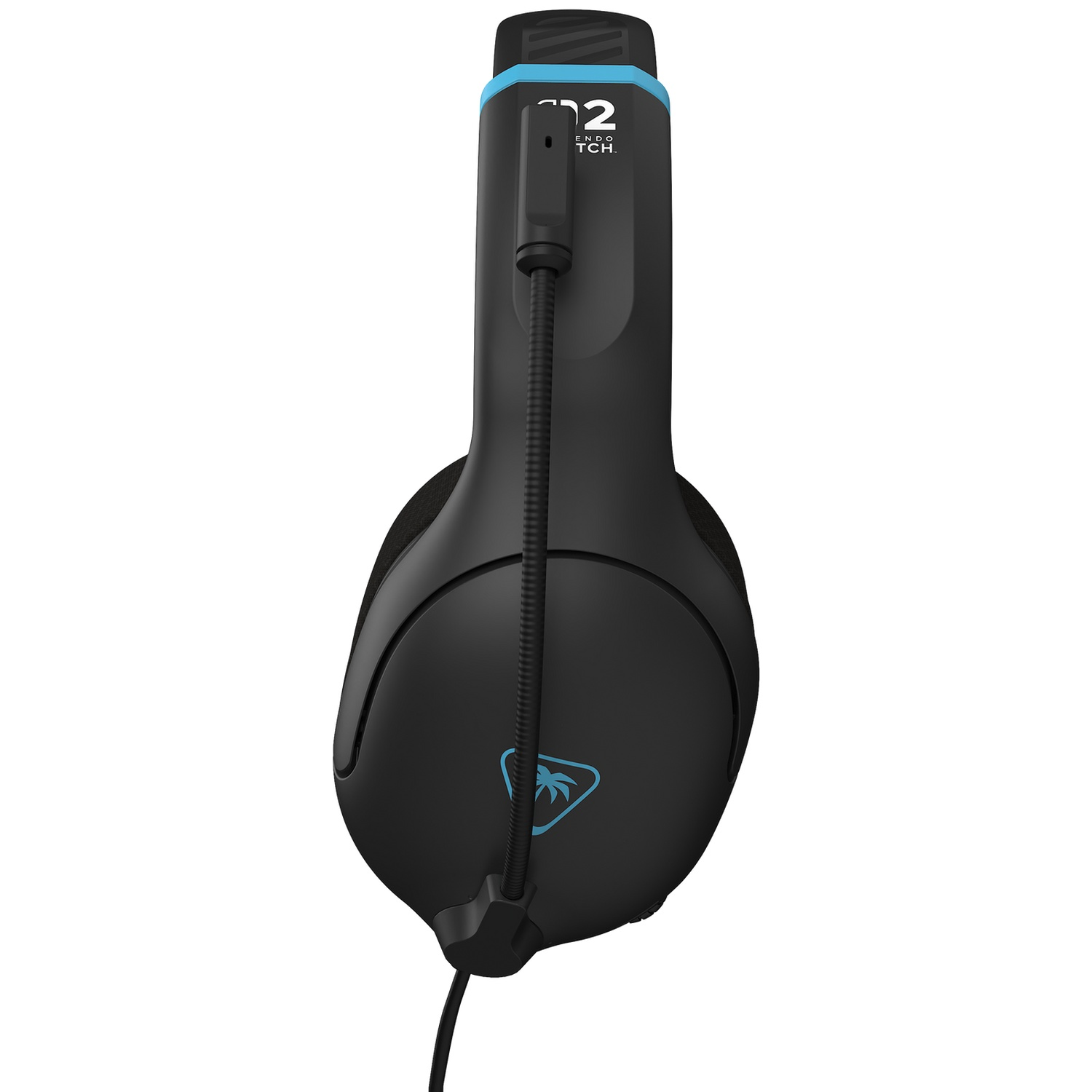 Black gaming headset with blue accents. Features a microphone and brand logo. The background is white.