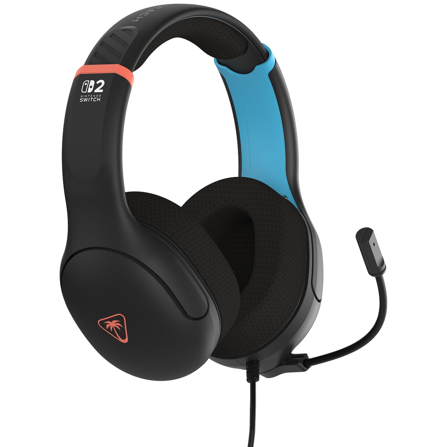 Black and blue gaming headset with a microphone. The headset has an orange accent and the Nintendo Switch logo.