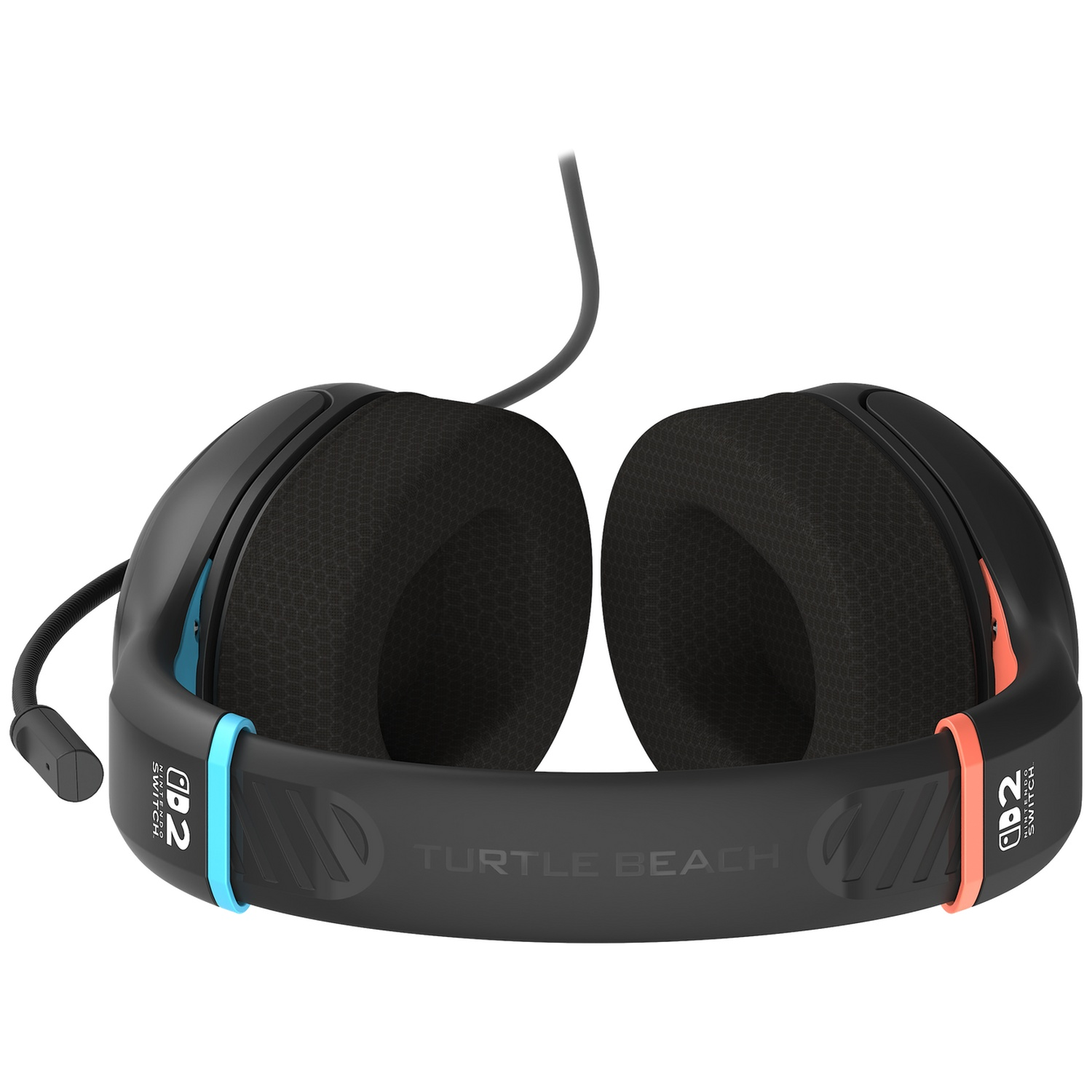 Black gaming headset. Earcups have black honeycomb cushions. Blue and orange accents on the headband. 'Turtle Beach' is written.