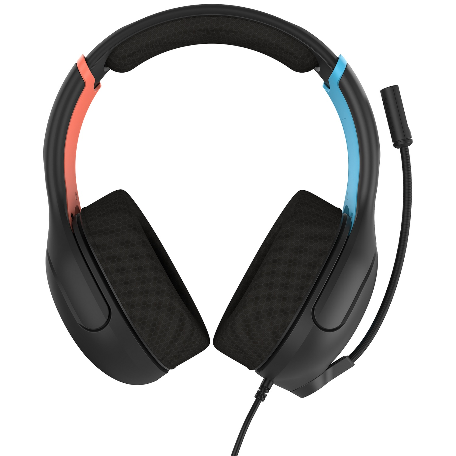 Black gaming headset with orange and blue accents. Features a microphone and a padded headband and earcups for comfort.