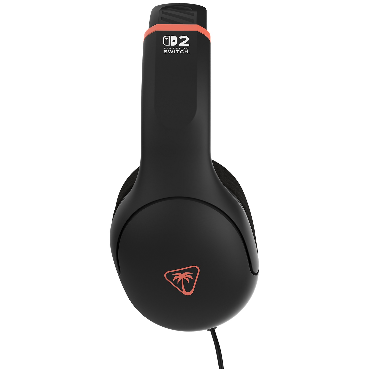 Black gaming headset with orange accents, featuring the Nintendo Switch logo and a palm tree logo.