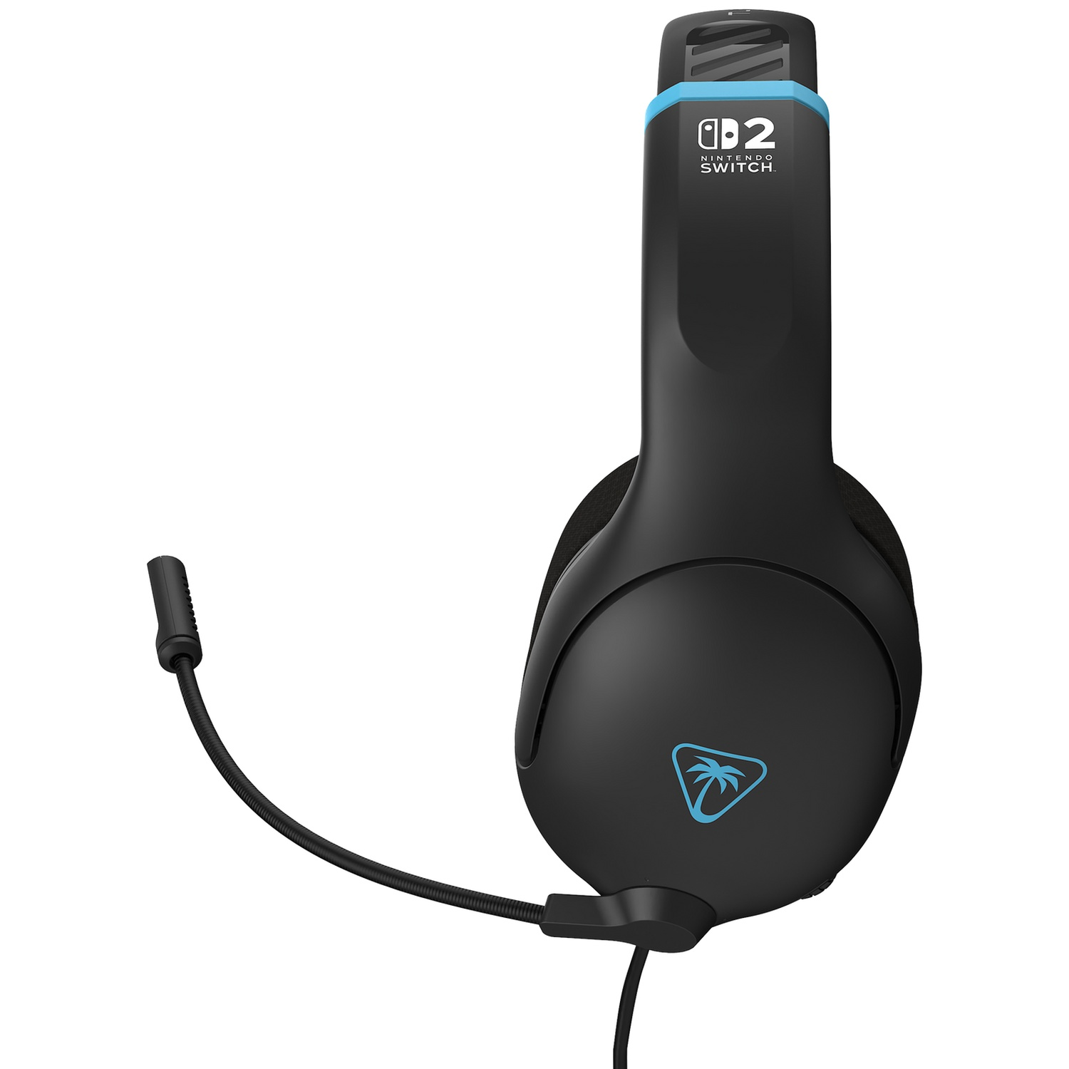 Black gaming headset for Nintendo Switch. Features a microphone, blue accents, and a palm tree logo on the ear cup.
