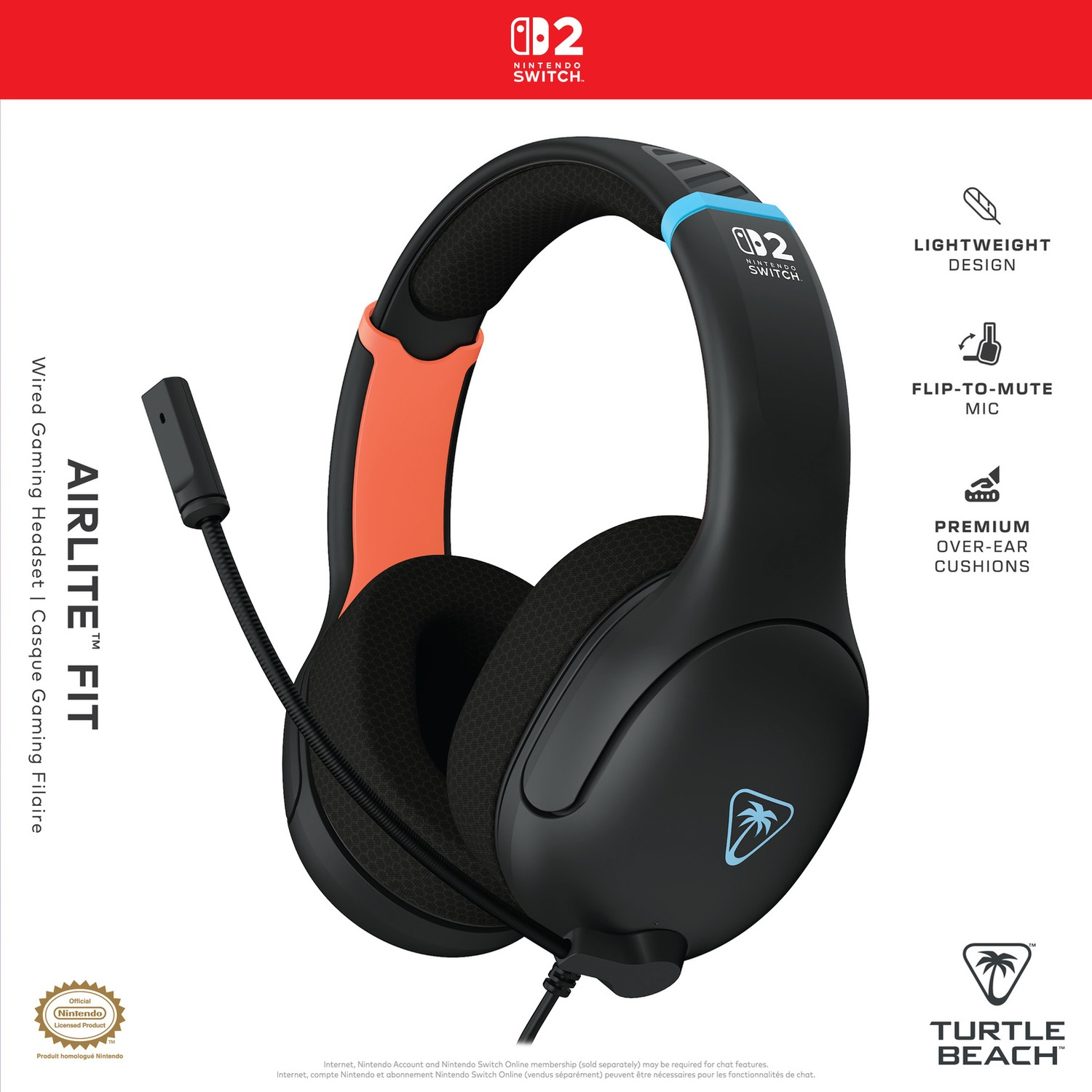 Black and orange gaming headset for Nintendo Switch. Features include a microphone and Turtle Beach logo.