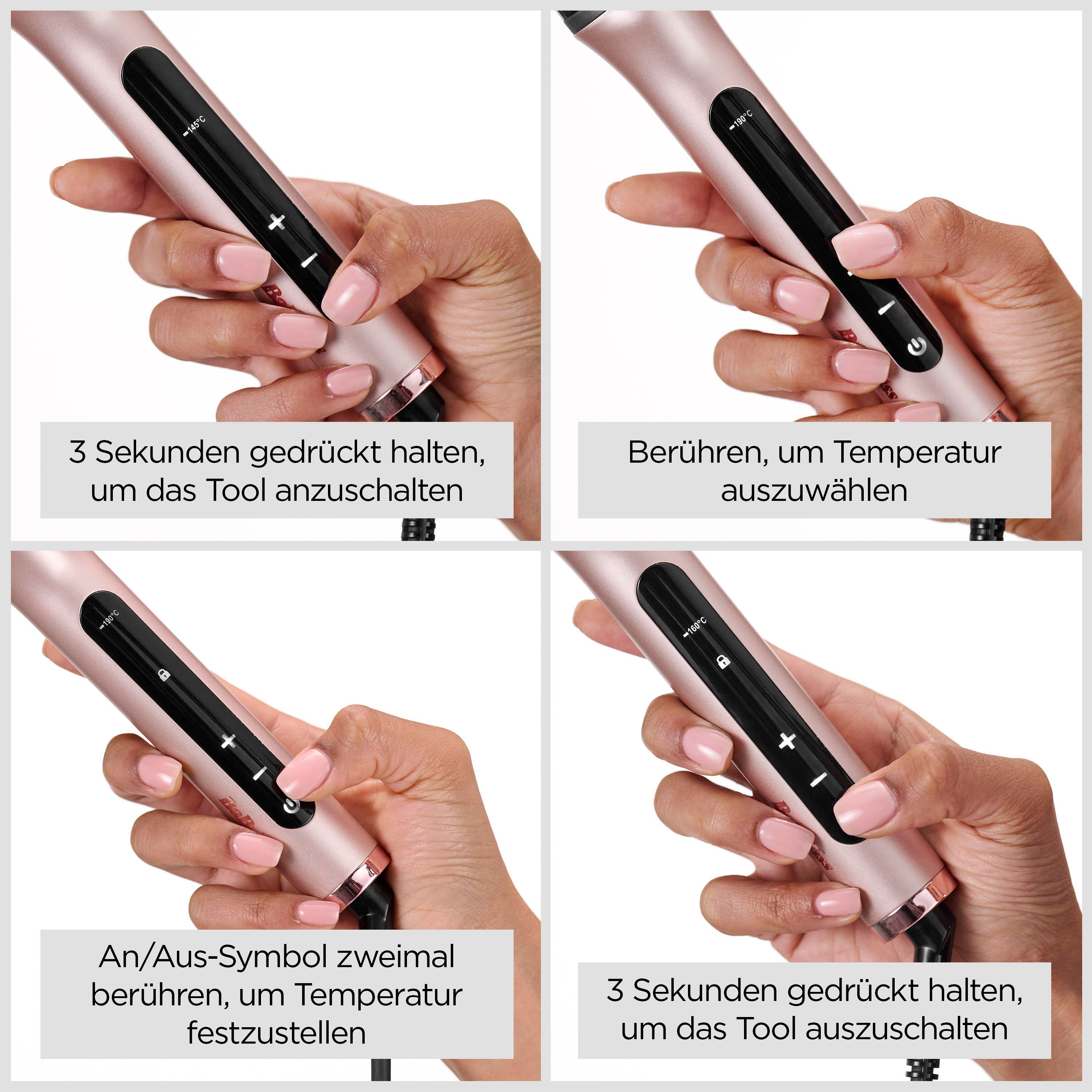 Hände halten einen Lockenstab. Text beschreibt das Ein- und Ausschalten und die Temperatureinstellung.