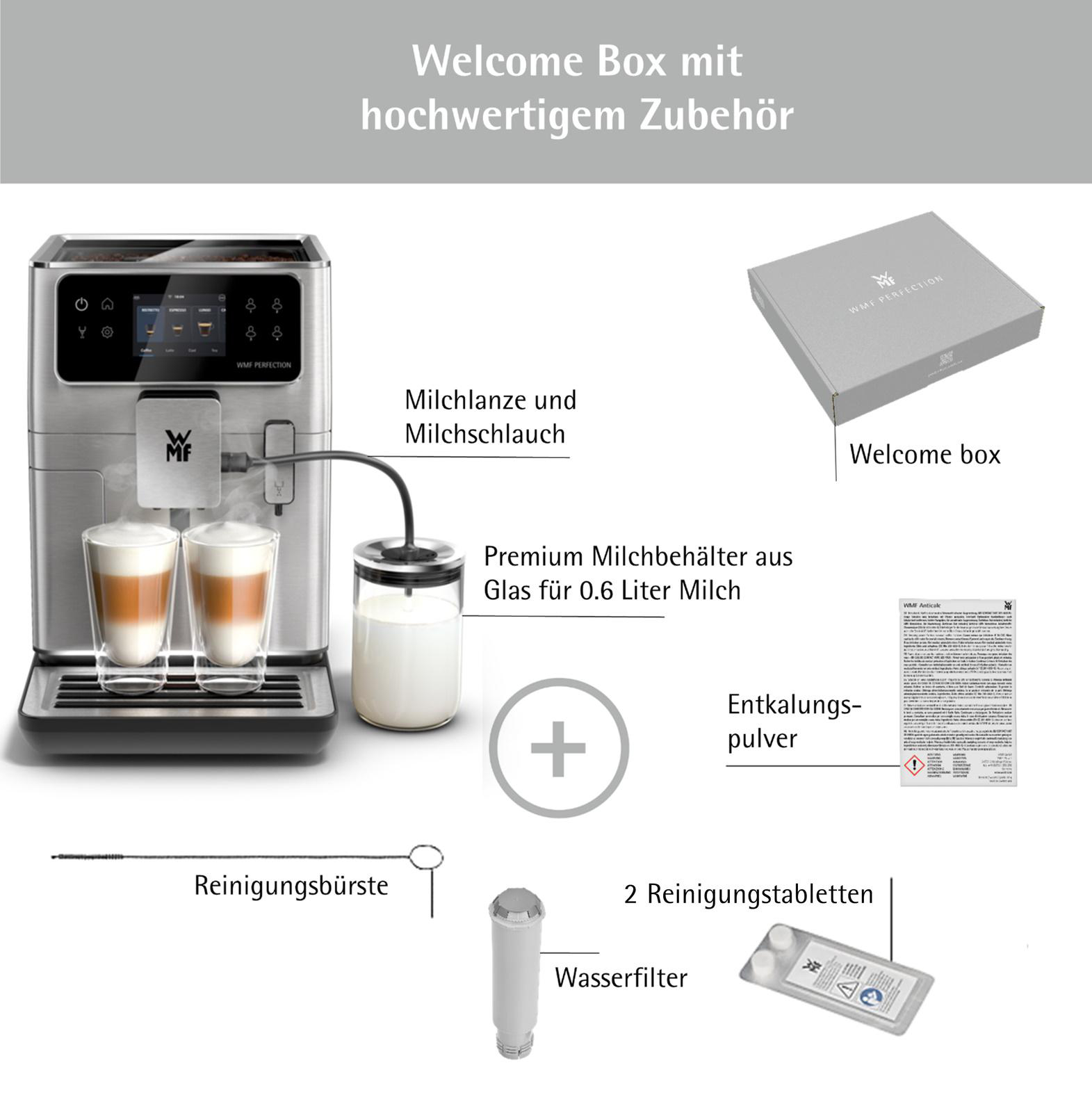 Kaffeemaschine mit Zubehör. Enthält einen Milchbehälter, Reinigungszubehör und eine Welcome Box.