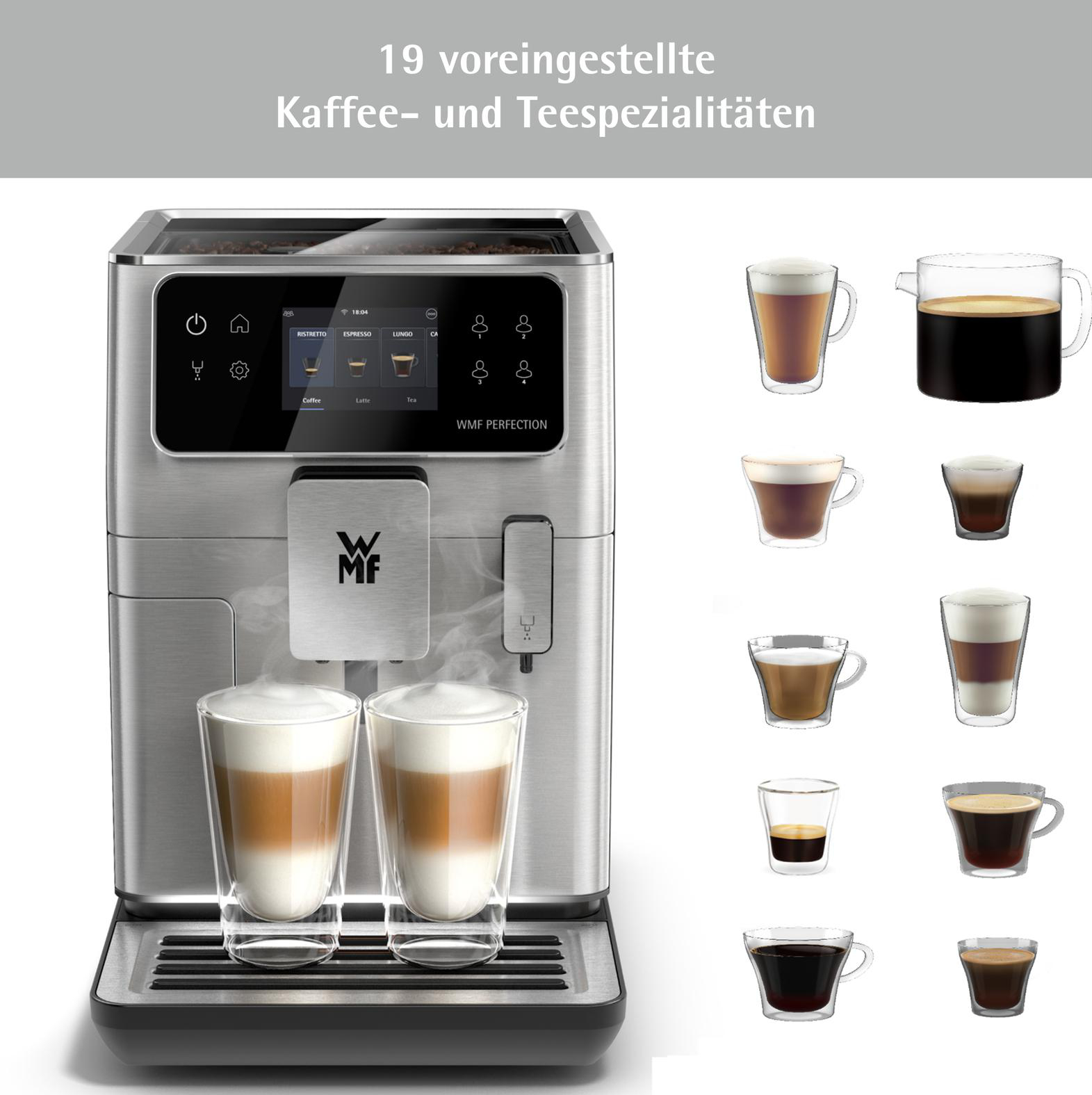 Kaffeemaschine mit Kaffeesorten. Zwei Latte-Gläser davor. Text: 19 voreingestellte Kaffee- und Teespezialitäten.