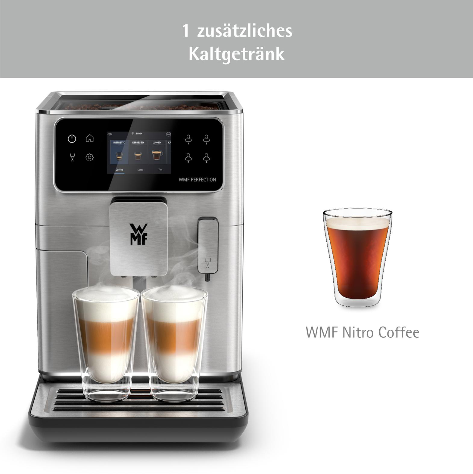 Kaffeemaschine mit zwei Latte-Gläsern. Ein Glas Nitro-Kaffee. Text: WMF Nitro Kaffee.