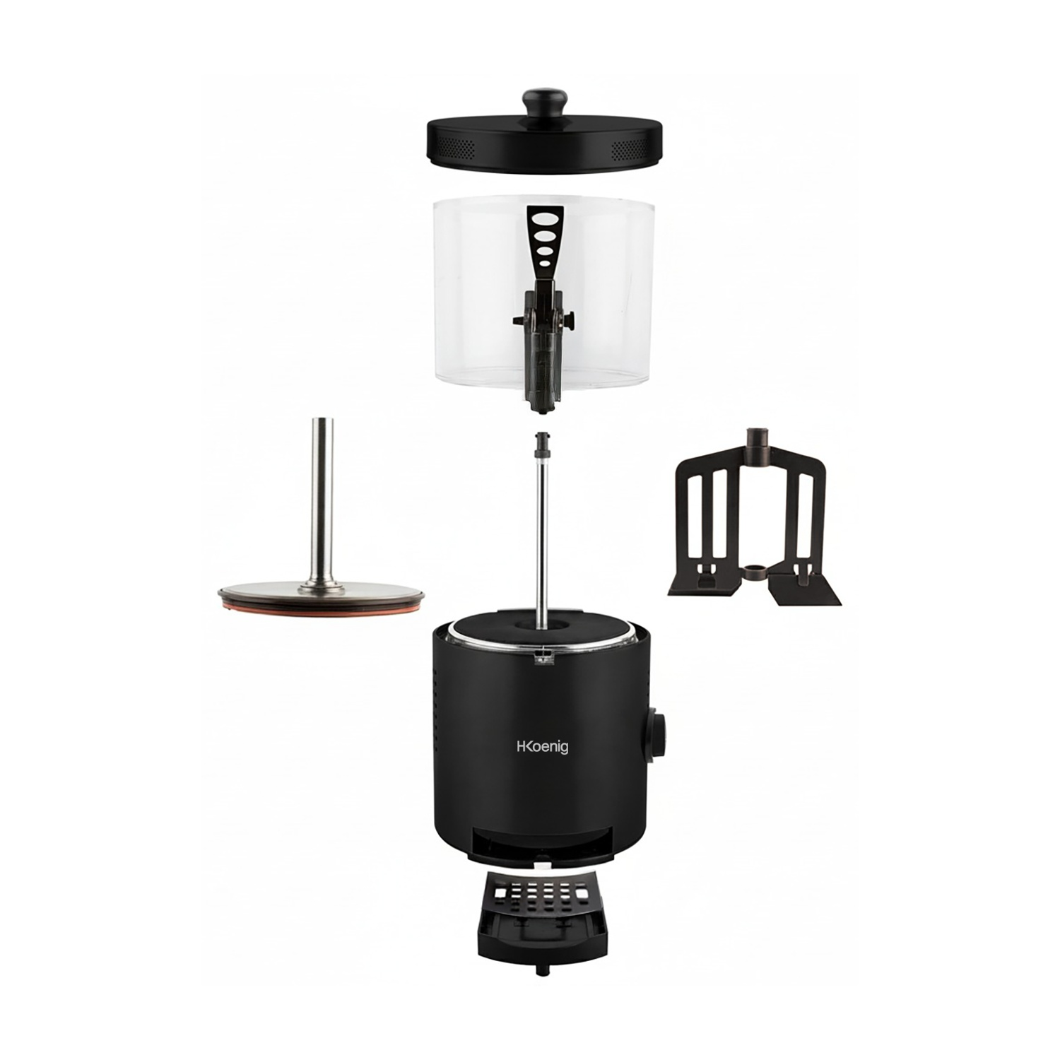 Vista esplosa di una caffettiera nera e trasparente. Parti includono coperchio, caraffa, filtro e base, isolate su bianco.