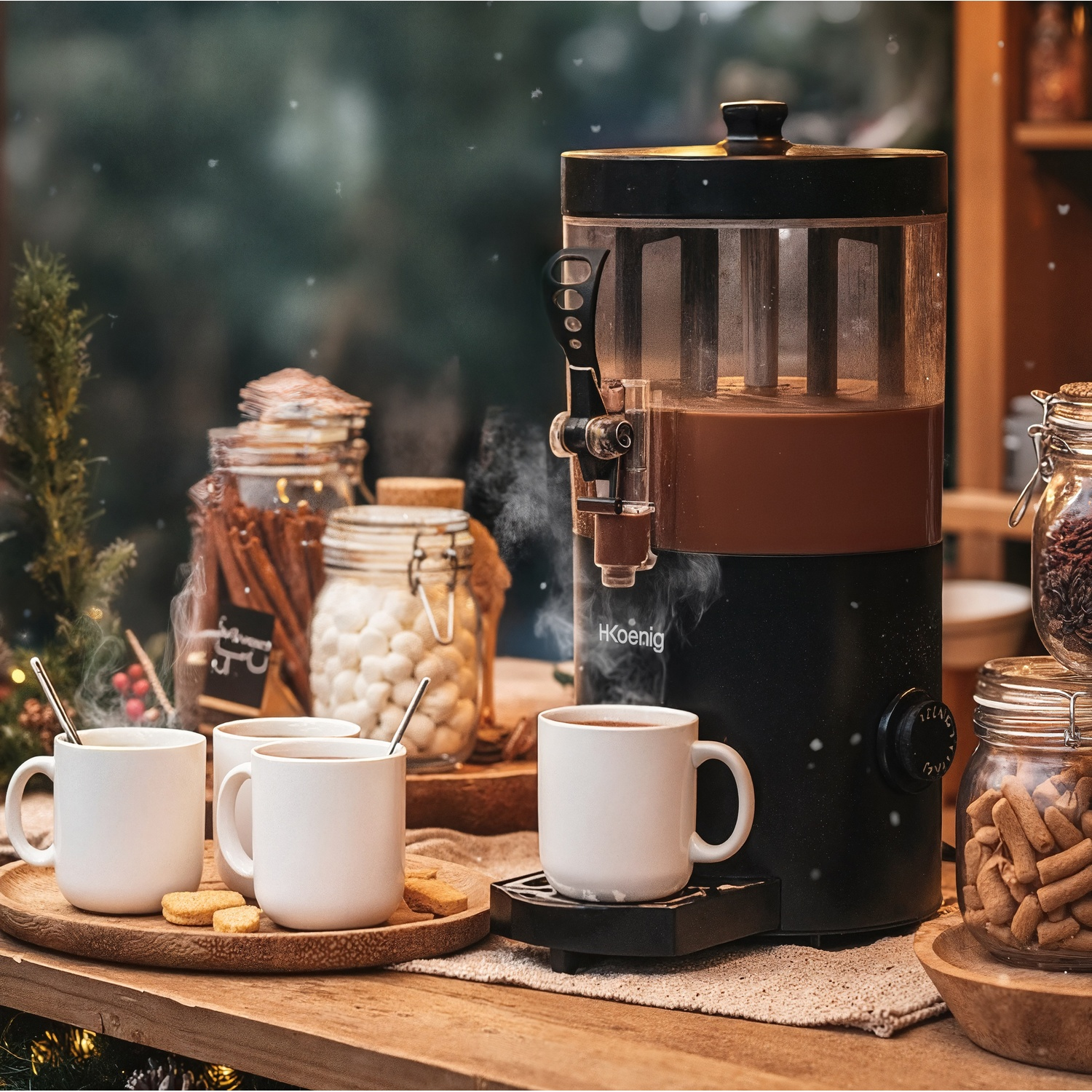 Una macchina per cioccolata calda con tazze bianche, biscotti e barattoli di ingredienti. Vapore. Scena accogliente.