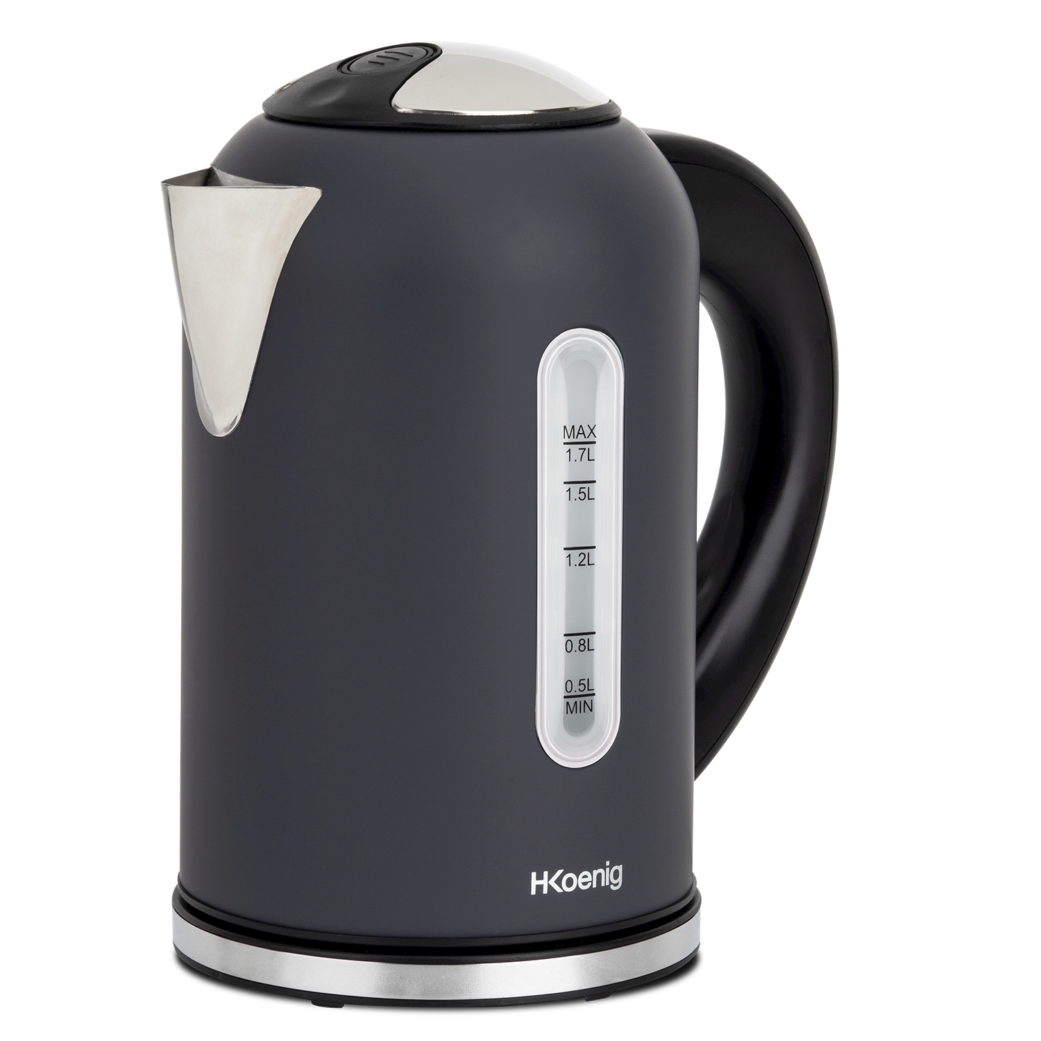 Un bollitore elettrico grigio scuro con manico nero, beccuccio argentato e indicatore del livello dell'acqua. Su sfondo bianco.