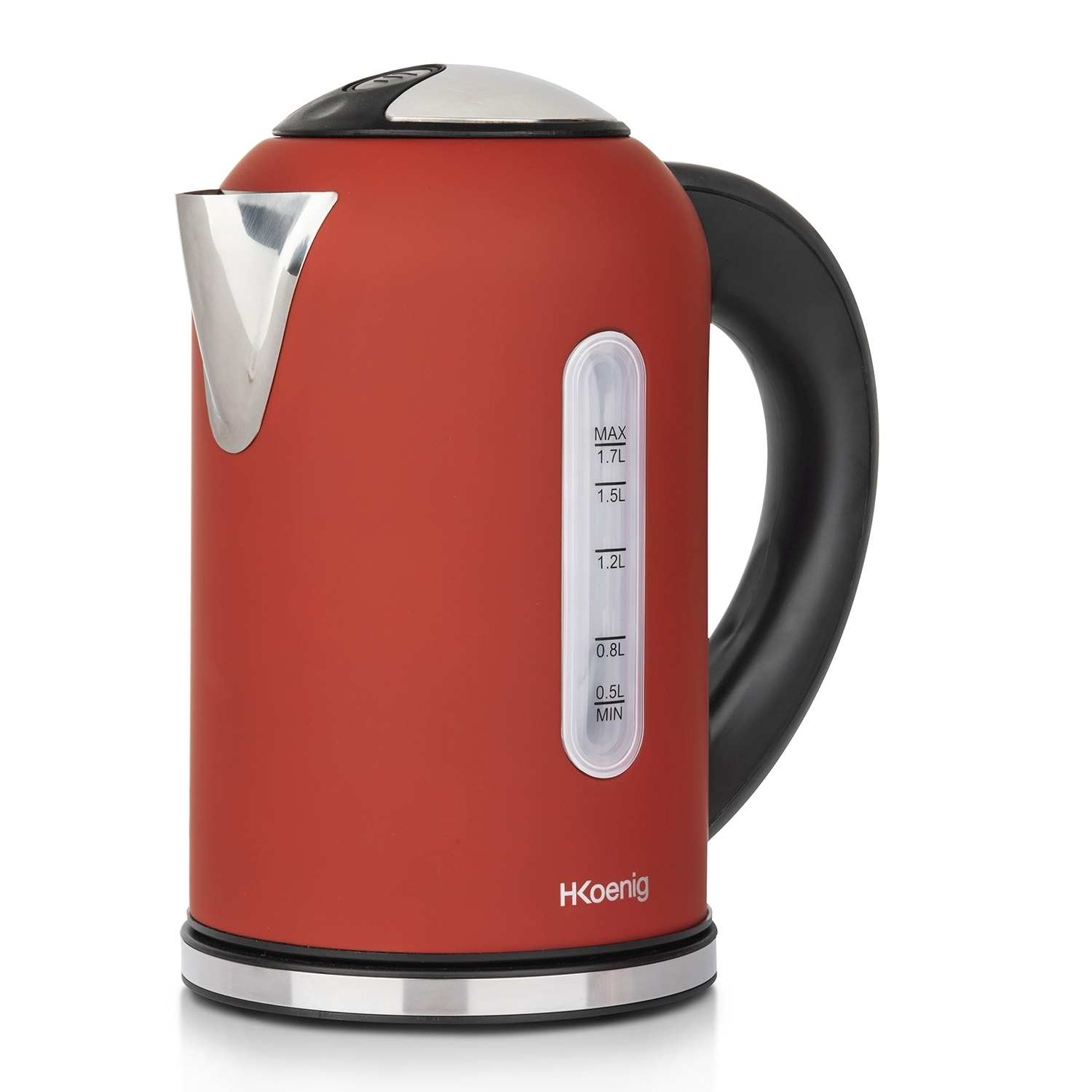 Un bollitore elettrico rosso con manico nero. Ha un indicatore del livello dell'acqua e un beccuccio metallico. Lo sfondo è bianco.