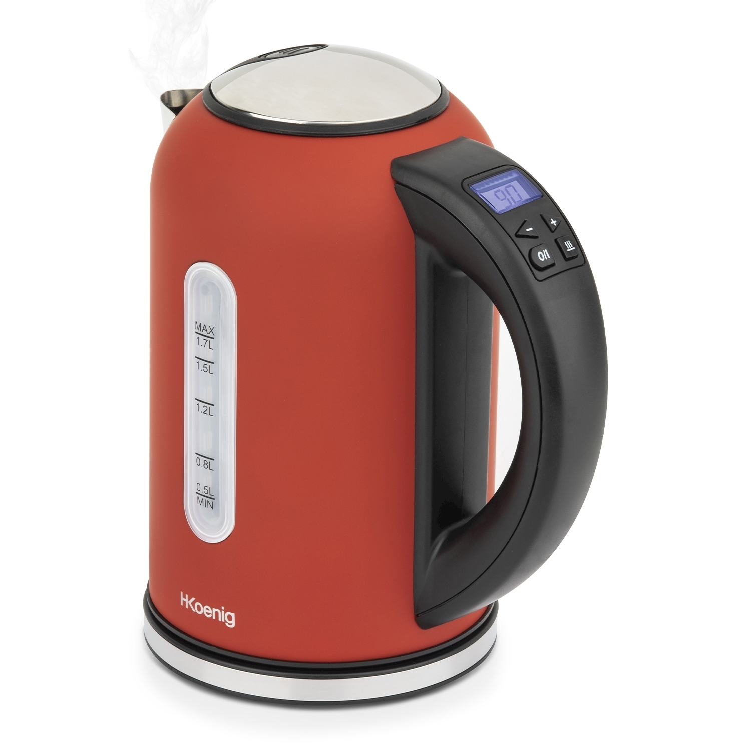 Un bollitore elettrico rosso con manico nero e display digitale. Il vapore esce dal beccuccio. Il bollitore è su una superficie bianca.