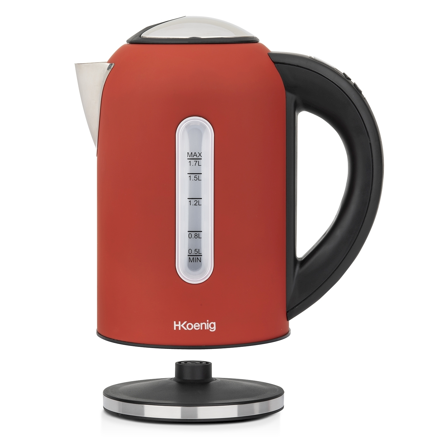 Bollitore elettrico rosso con manico e base neri. Ha un indicatore del livello dell'acqua. Il marchio è HKoenig.