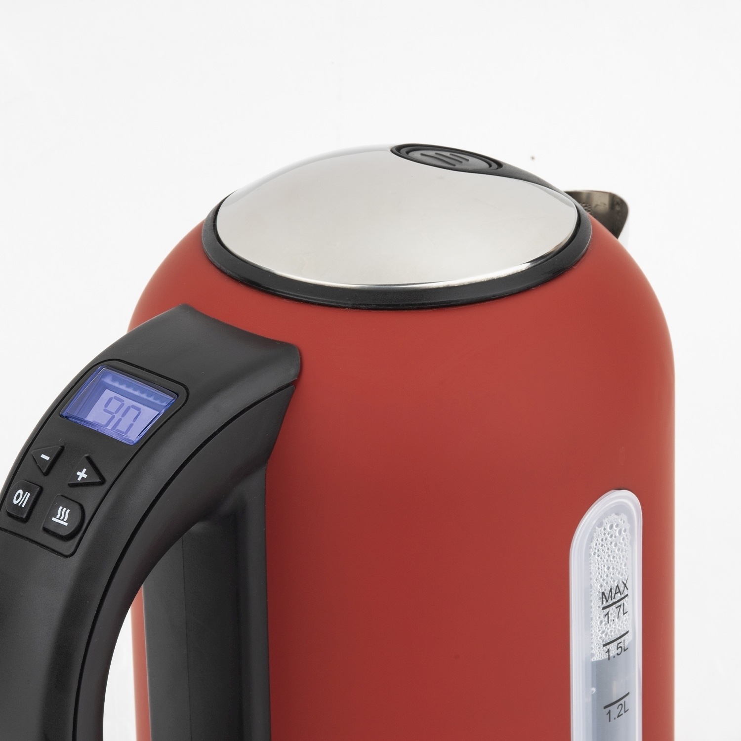 Bollitore elettrico rosso con manico nero e display digitale. Coperchio in acciaio inox. Indicatore livello acqua laterale.