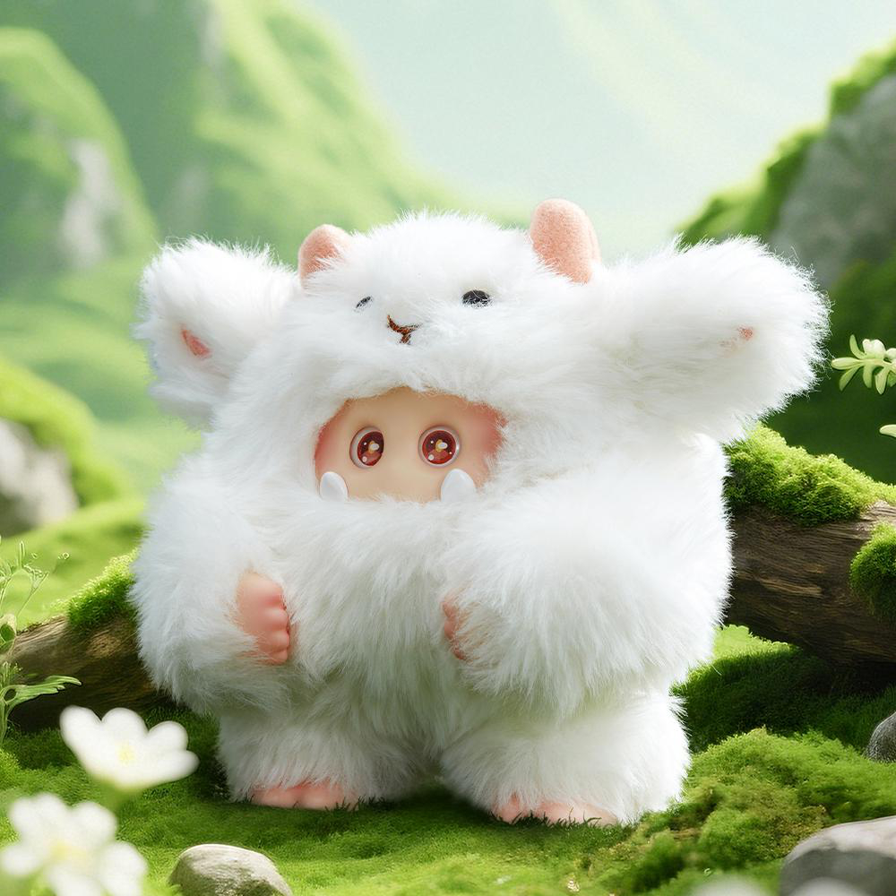 Ein flauschiges, weißes Kreatur-Spielzeug mit rosa Ohren und Händen. Es steht auf grünem Gras mit moosigen Baumstämmen und einem verschwommenen grünen Hintergrund.
