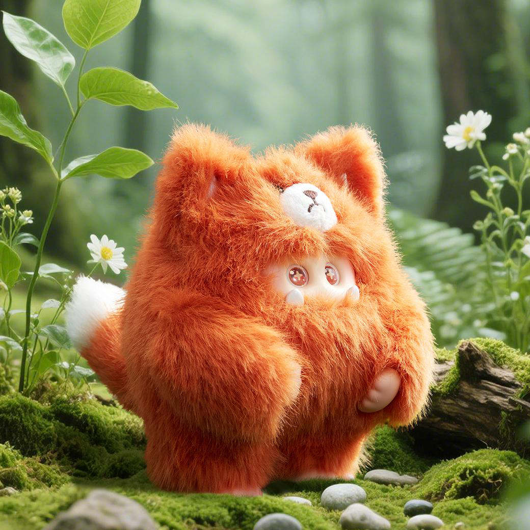 Ein orangefarbenes, flauschiges Wesen mit einem Bärengesicht auf dem Kopf, das auf Moos sitzt. Weiße Blumen und grüne Pflanzen umgeben es.
