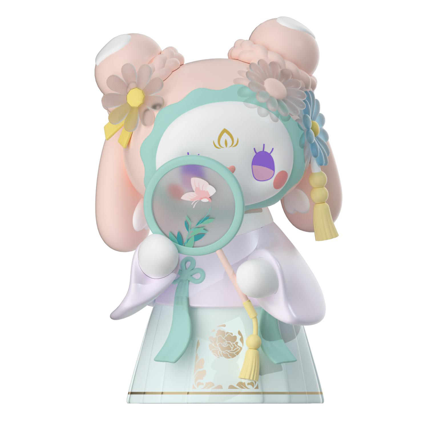 Eine rosa Cartoonfigur hält einen Fächer mit einem Schmetterling. Sie trägt ein traditionelles Outfit mit Blumendekorationen und einer Gesichtsmaske.