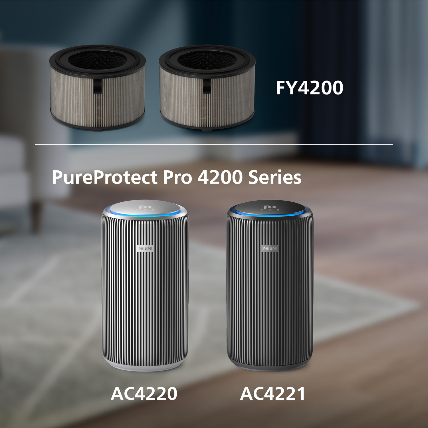 Afbeelding toont twee luchtfilters, twee luchtreinigers en productnamen. De reinigers zijn zwart en zilver, de filters zijn cilindrisch.