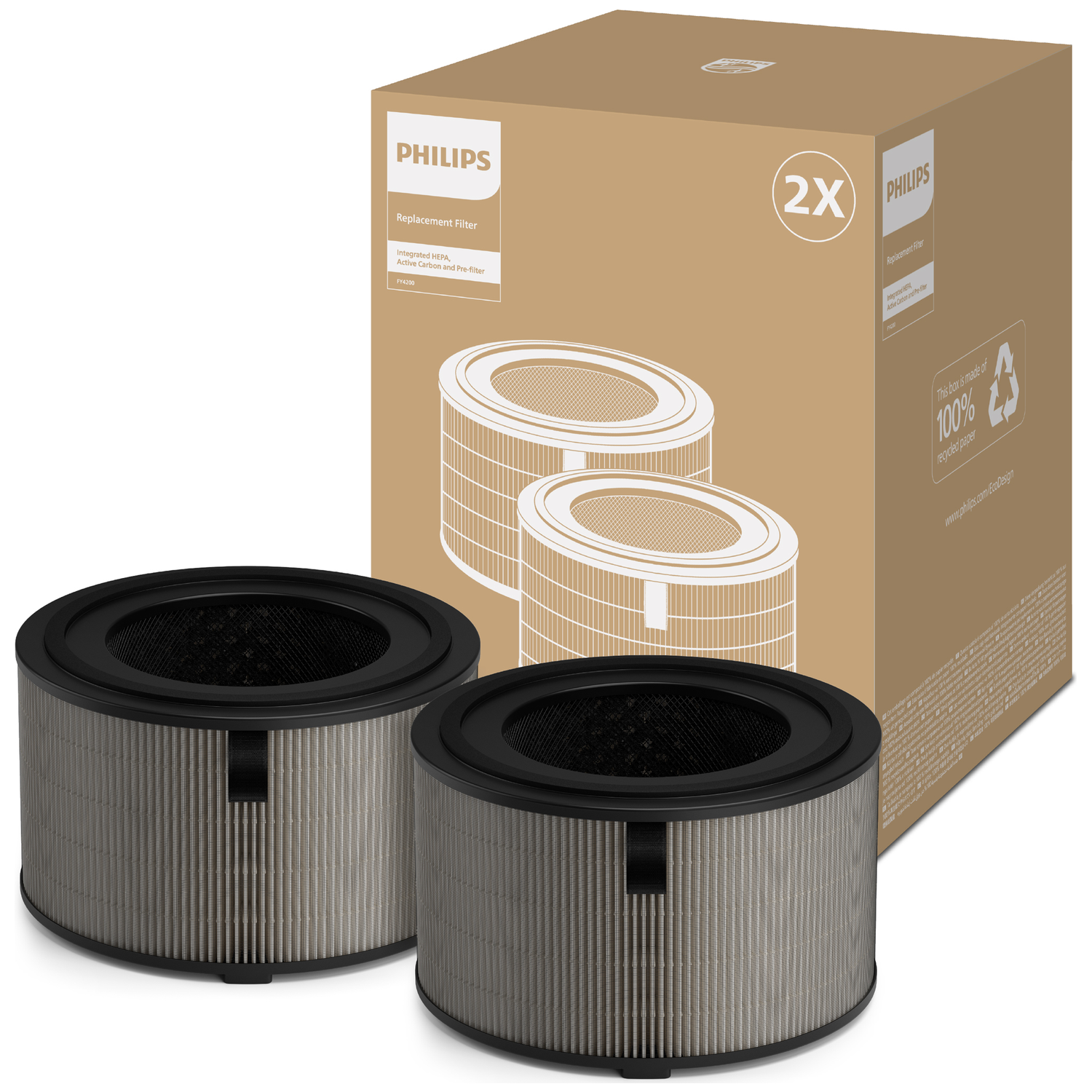 Twee luchtfiltervervangingen, één doos, merk Philips. Filters zijn zwart en grijs, met een kartonnen doos op de achtergrond.