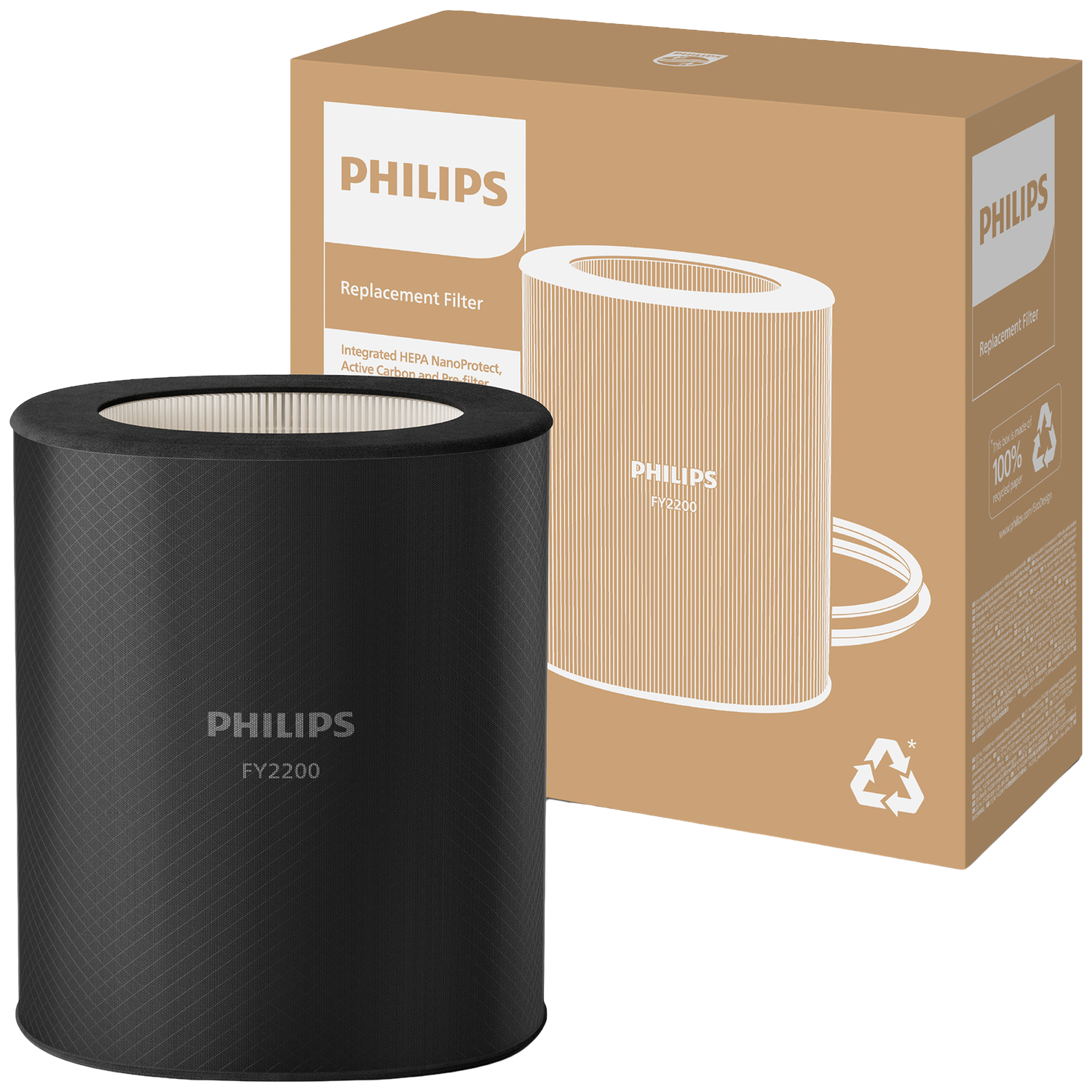 A black Philips FY2200 filter, a beige box with a Philips logo and text Replacement Filter, and a white filter inside.