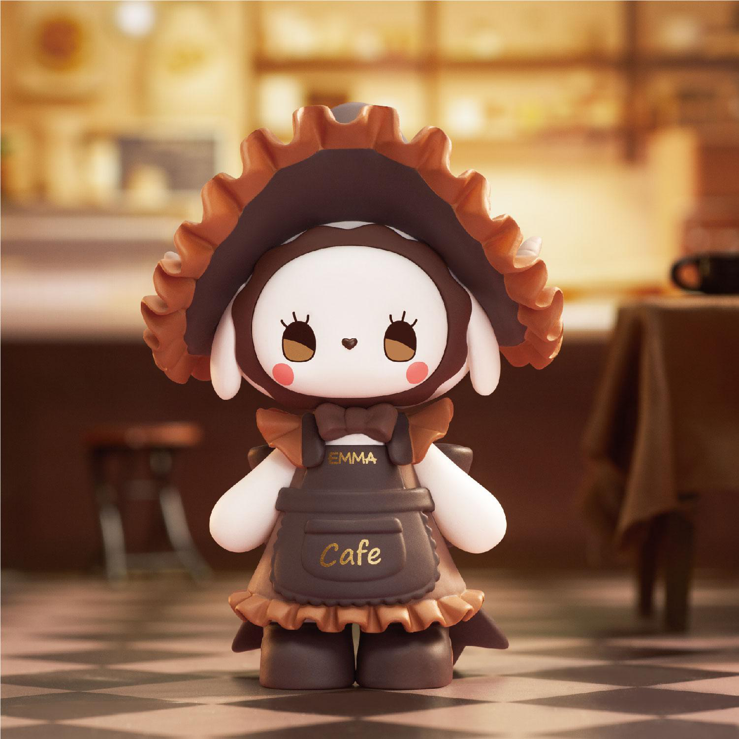 Eine hasenähnliche Figur mit Café-Schürze und Hut steht auf einem karierten Boden, Café-Hintergrund.
