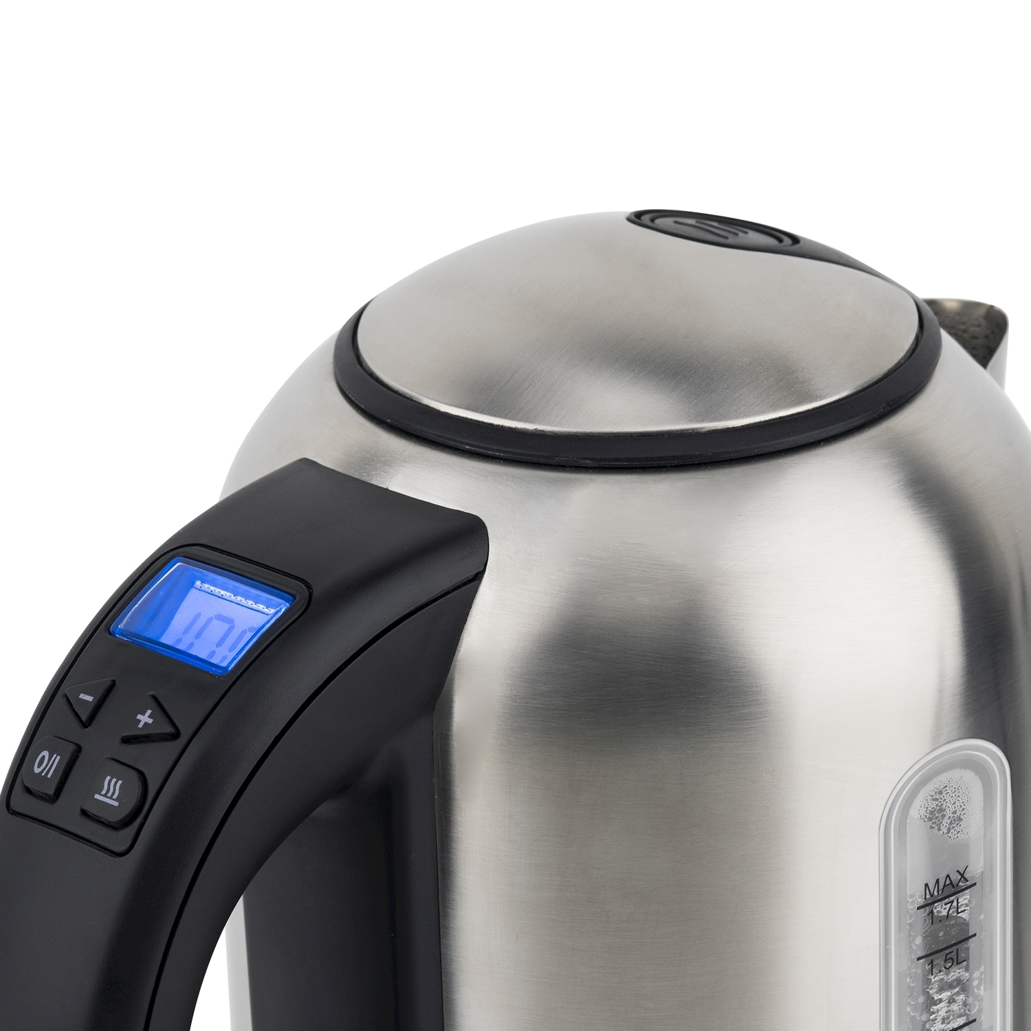 Primo piano di un bollitore elettrico in acciaio inossidabile. Ha un manico nero con pulsanti e un display digitale. Il coperchio è anch'esso in acciaio inossidabile.