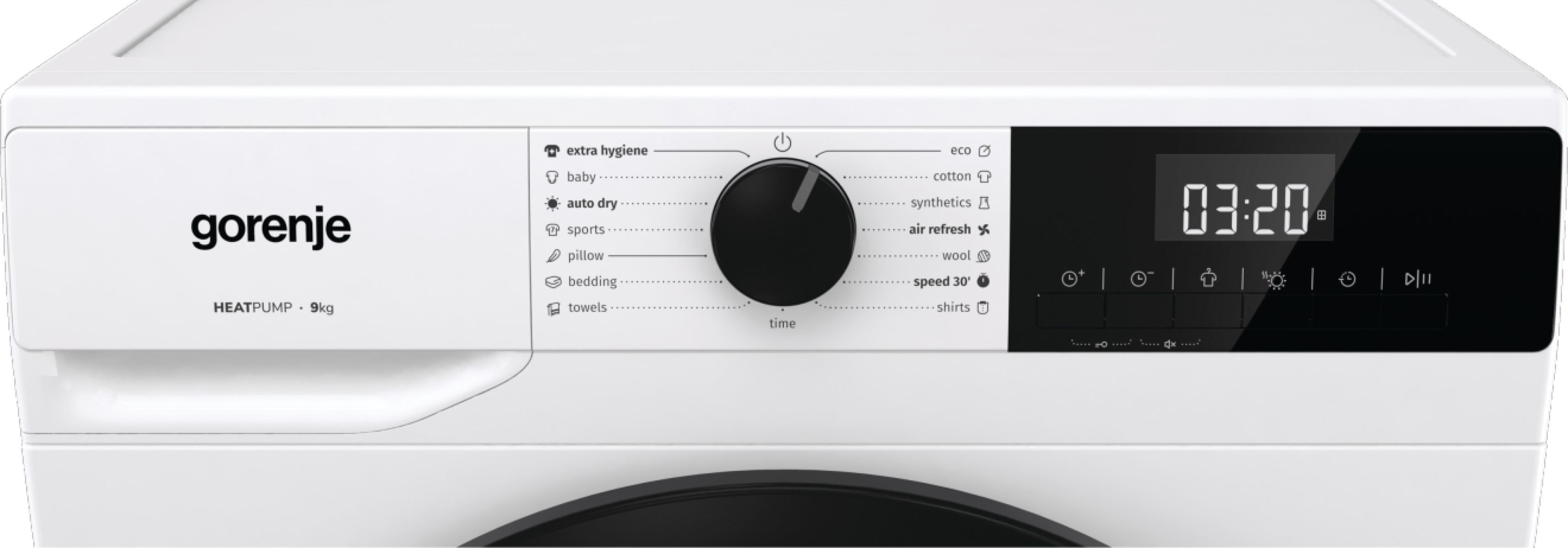 Fehér Gorenje szárítógép fekete vezérlőpanellel, gombbal és 03:20-at mutató digitális kijelzővel. Különböző opciók.