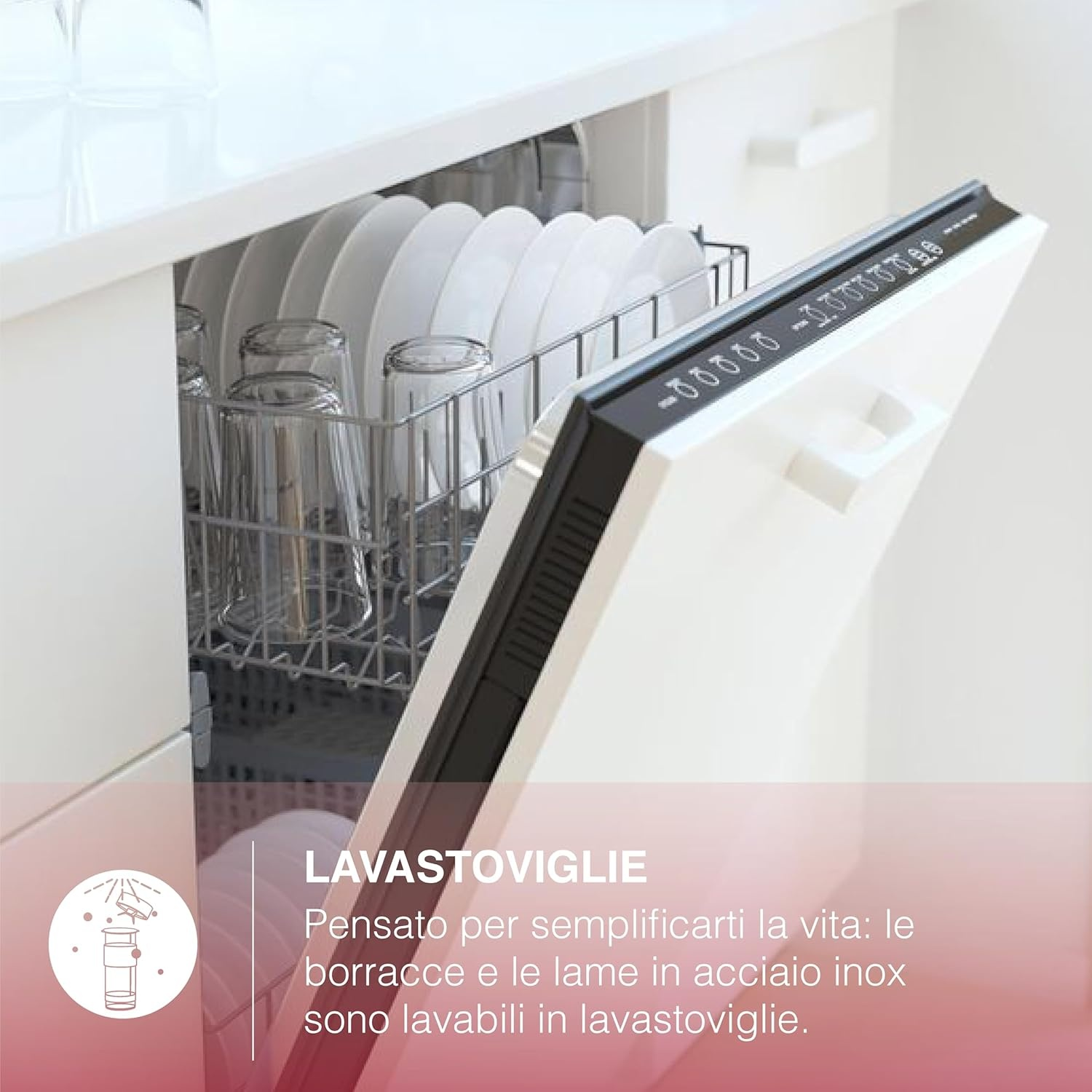 Lavastoviglie con porta aperta, che mostra piatti e bicchieri puliti. Elettrodomestico bianco e nero con pannello di controllo. Cucina pulita.