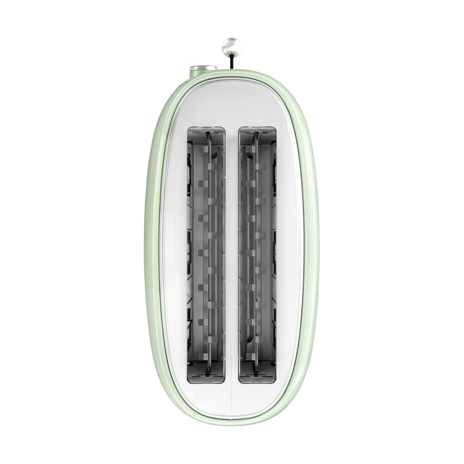 Un tostapane verde chiaro. Ha due fessure per il pane, una parte superiore argentata e si trova su uno sfondo bianco.